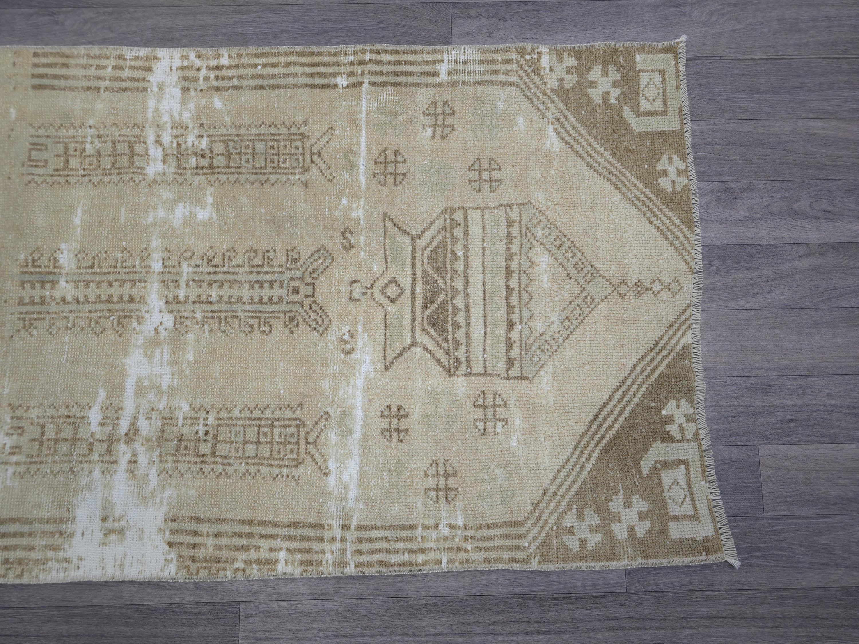 Hand Knotted Wool Runner: 3x7 Vintage Turkish Oushak Hallway Rug