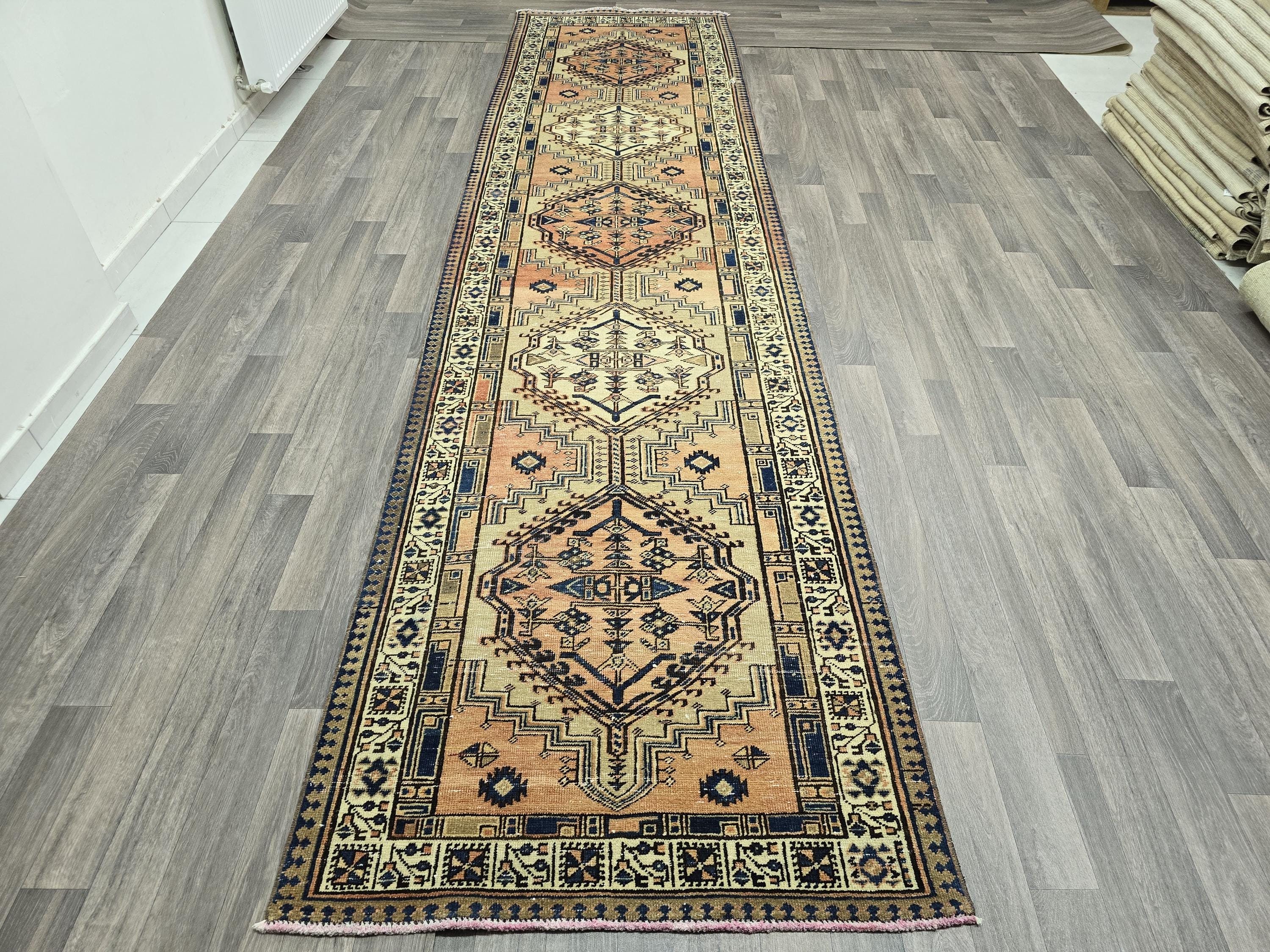 Vintage Heriz Wool Runner: Hand-Knotted Pastel Oushak Rug (3.40x13.30 ft)