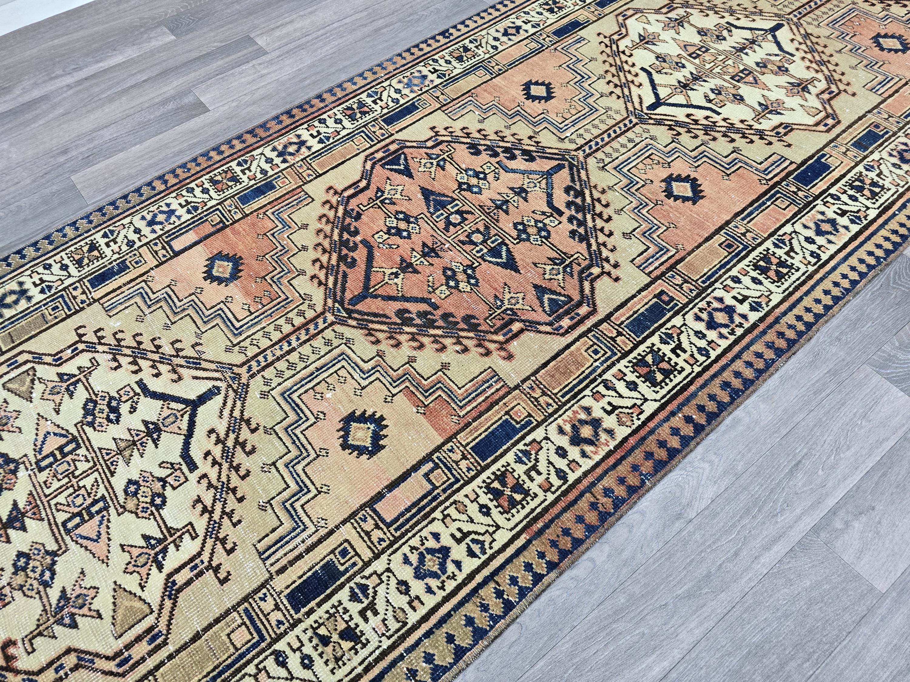 Vintage Heriz Wool Runner: Hand-Knotted Pastel Oushak Rug (3.40x13.30 ft)