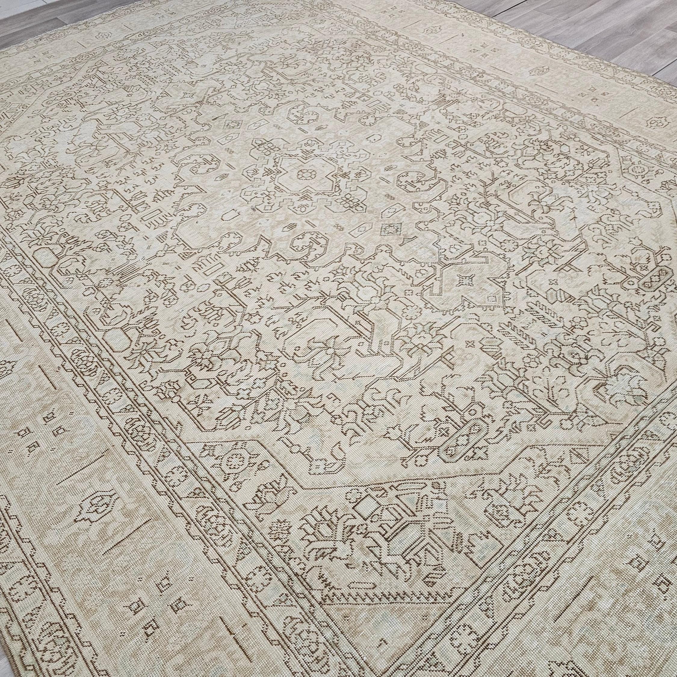 Oversized Neutral Oushak Rug: Vintage Geometric Turkish Wool Carpet (9.6x12.6 ft)