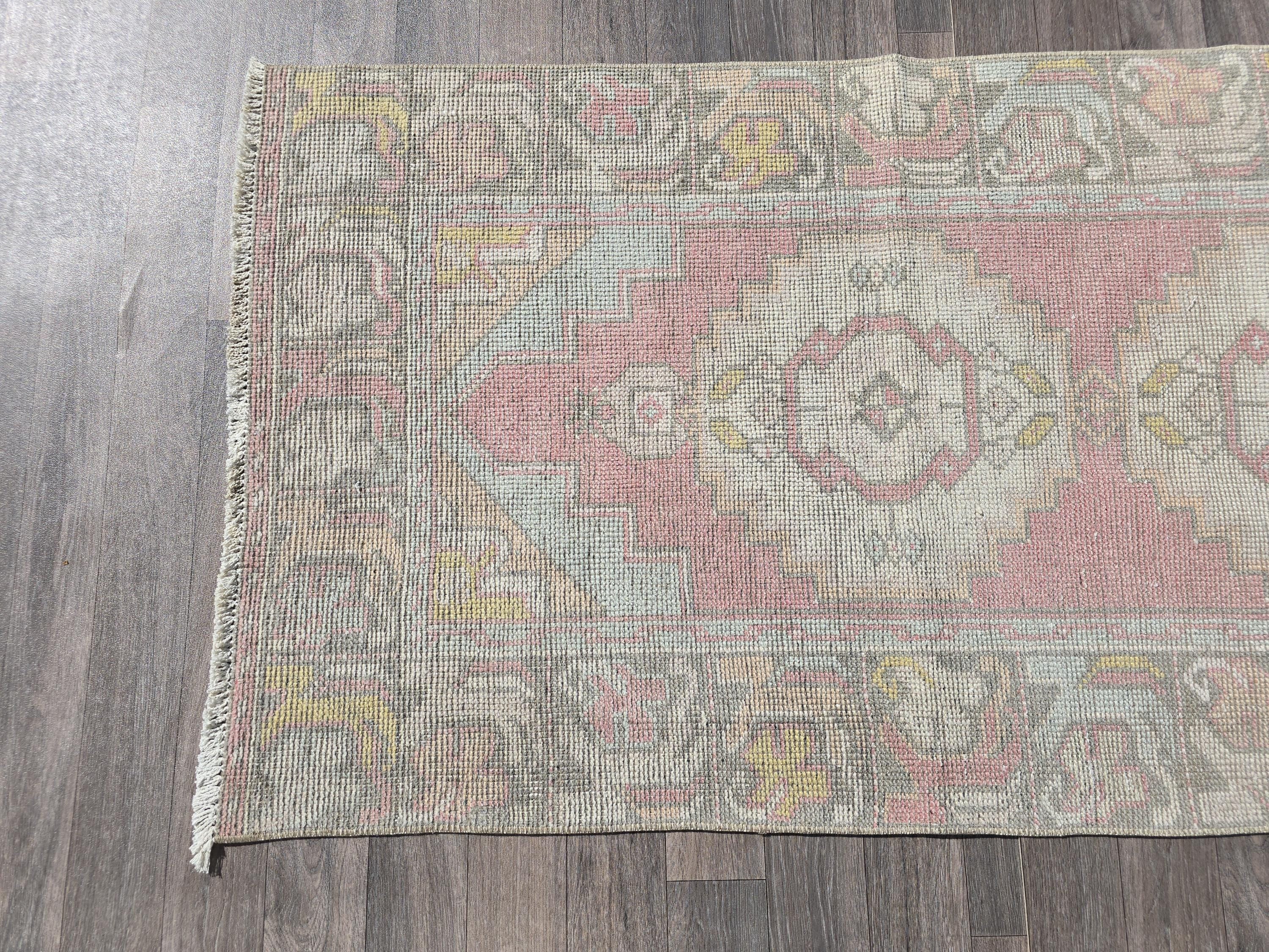 Neutral Oushak Runner Rug: 3x10 Vintage Turkish Wool Hallway Rug