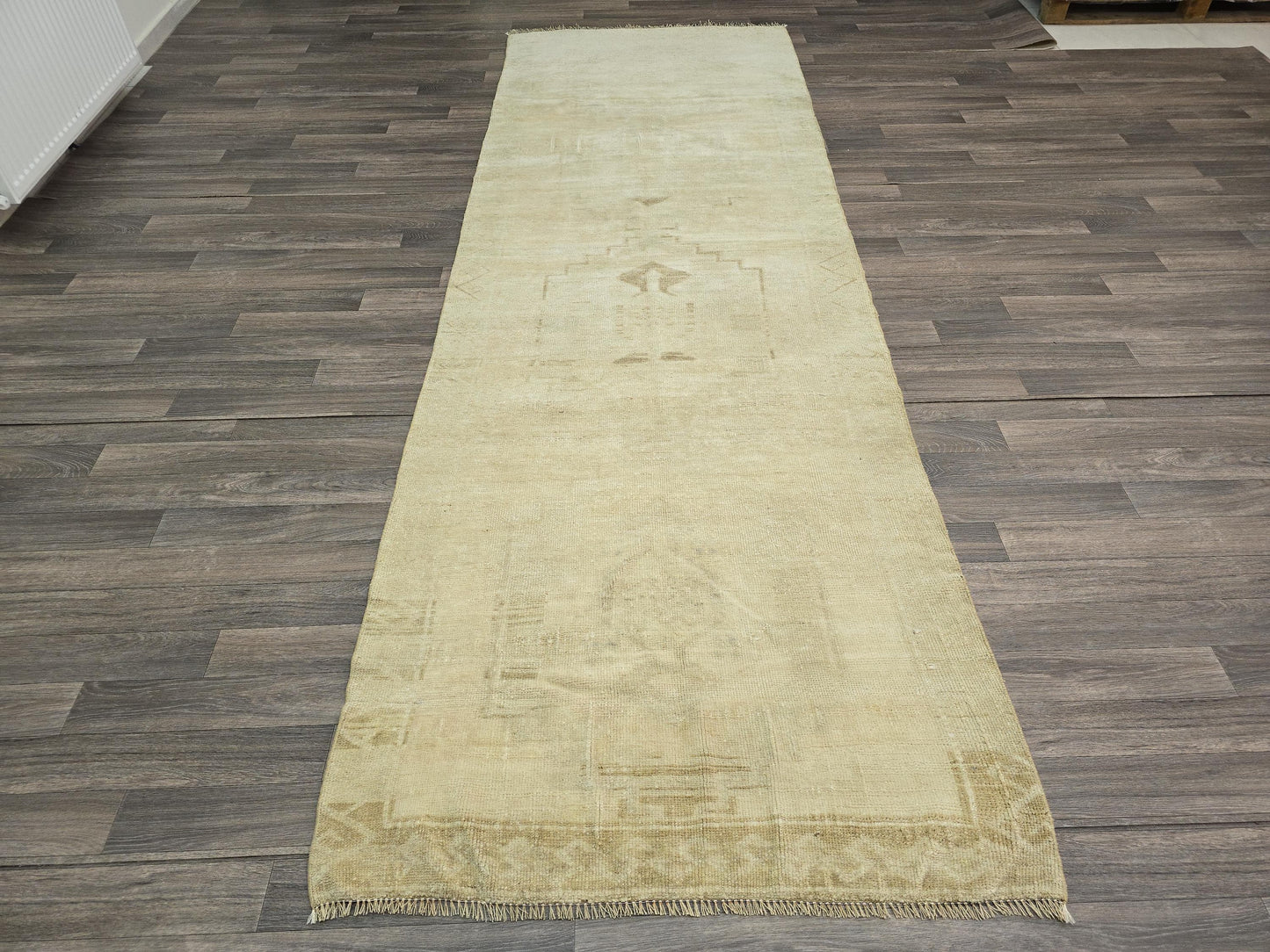 4x11 Wide Neutral Runner Rug, Natural Wool Turkish Rug Runner, Oushak Runner, Neutral Vintage Runner for Hallway/3.75x11 feet