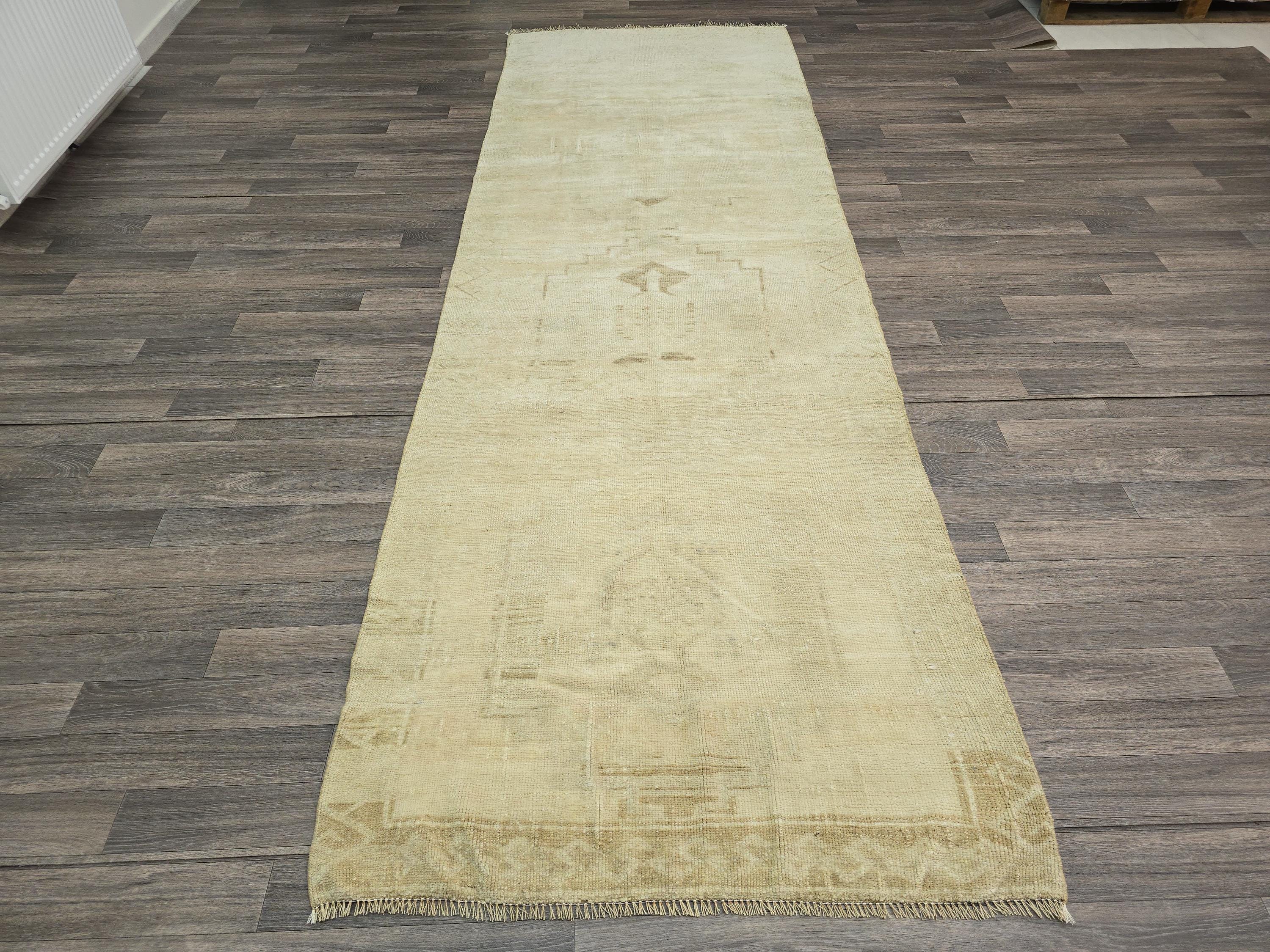 Neutral Oushak Runner Rug: Vintage Turkish Wool Hallway Rug (3.75x11 ft)