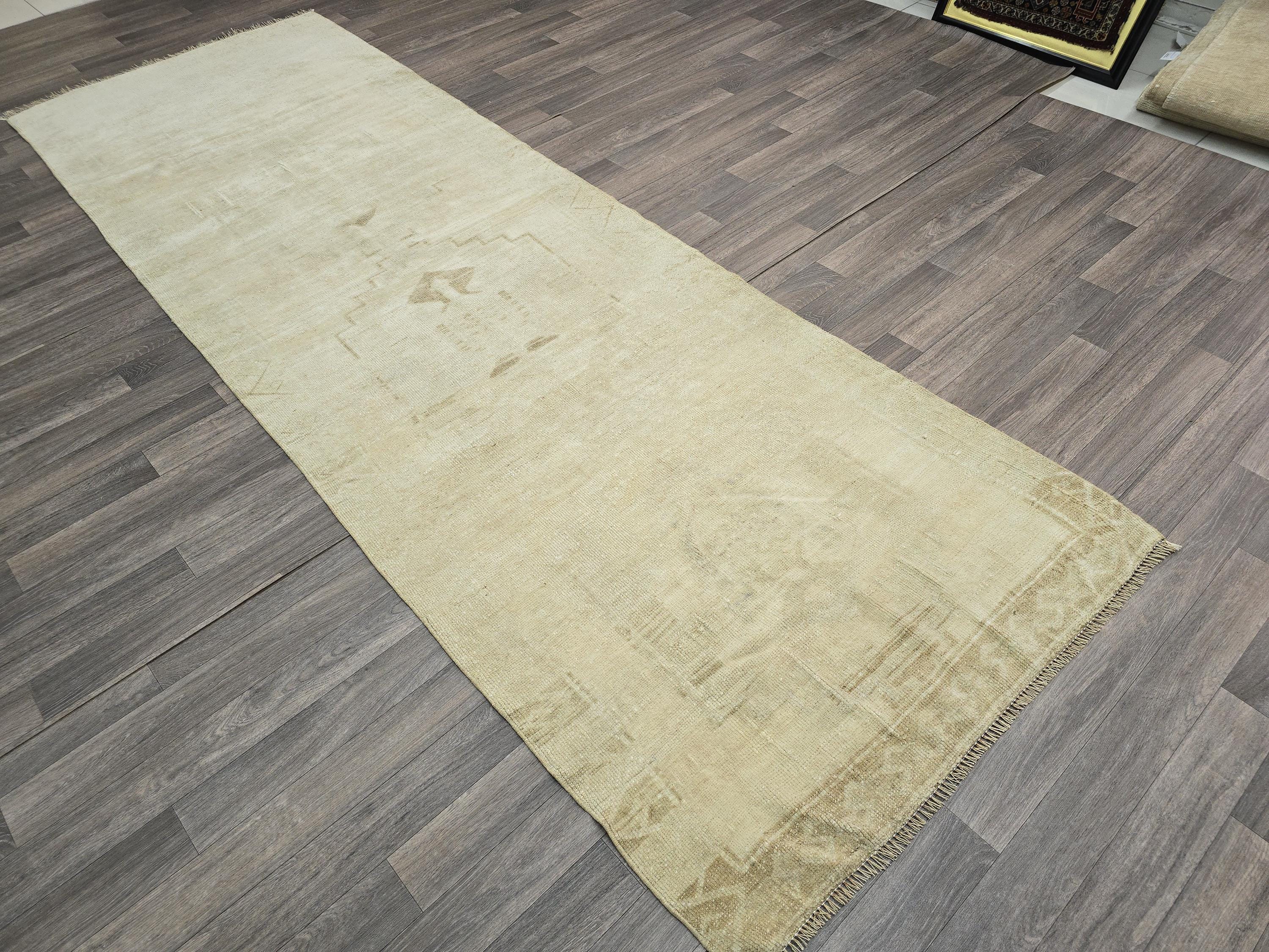 Neutral Oushak Runner Rug: Vintage Turkish Wool Hallway Rug (3.75x11 ft)