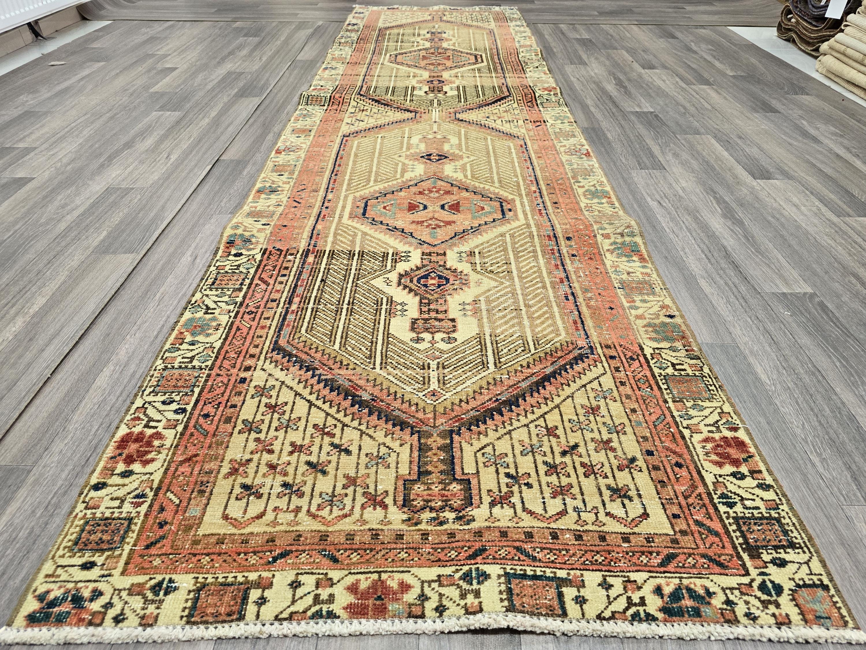 Vintage Heriz Runner Rug: Hand-Knotted Pastel Geometric Hallway Rug