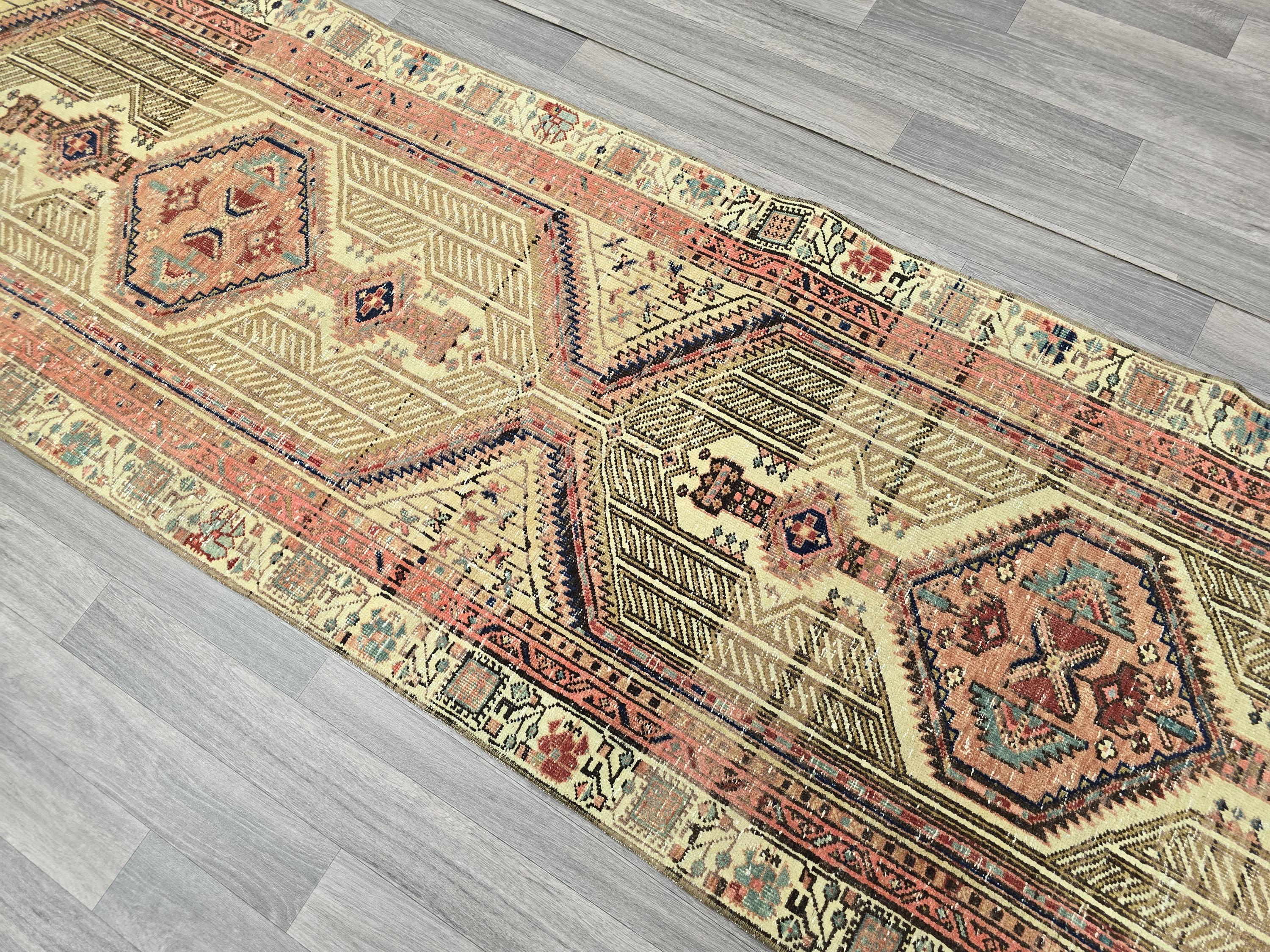 Vintage Heriz Runner Rug: Hand-Knotted Pastel Geometric Hallway Rug