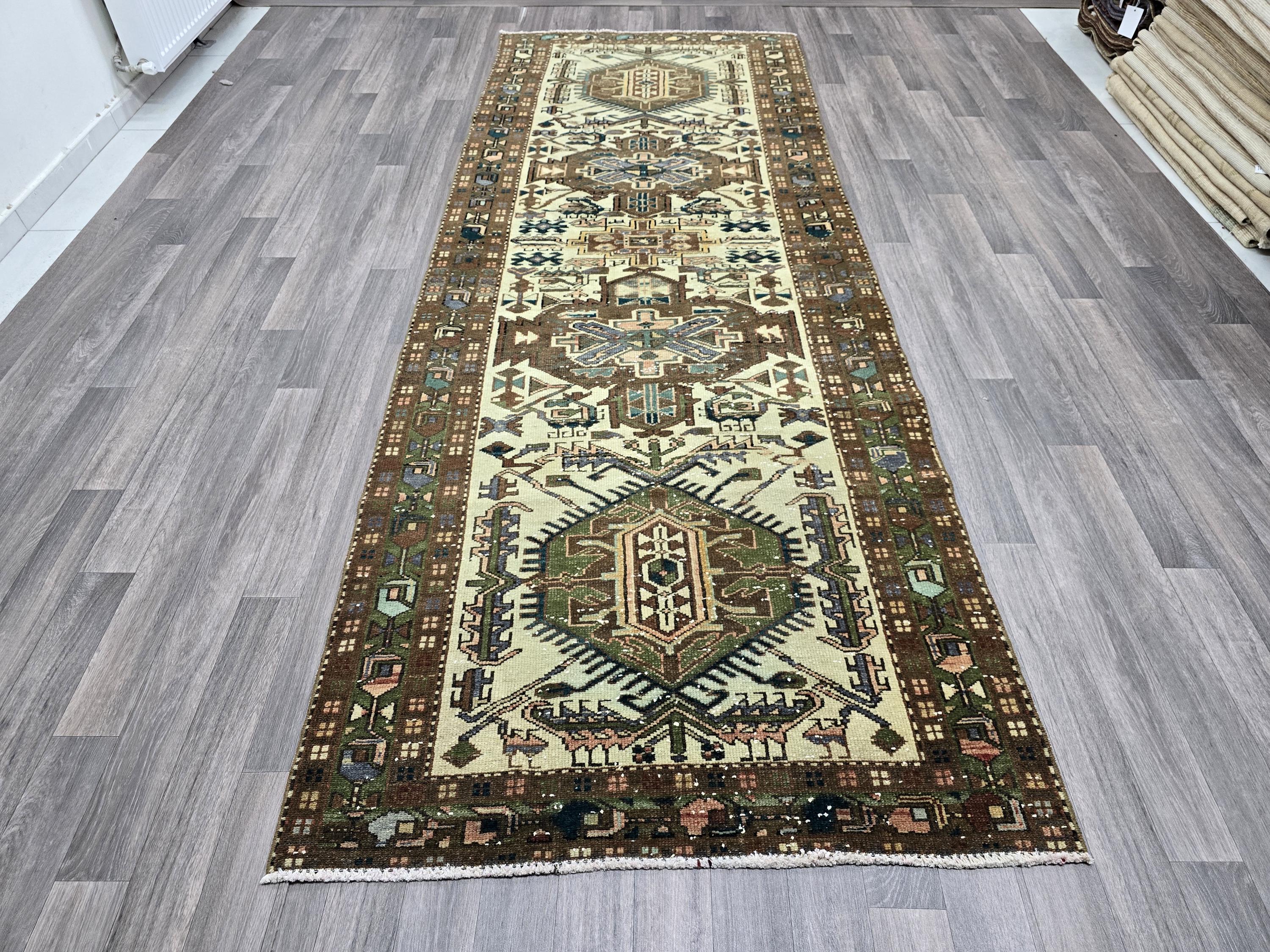 Handmade Wool Oushak Runner Rug: Vintage Turkish Hallway Carpet (4x10)