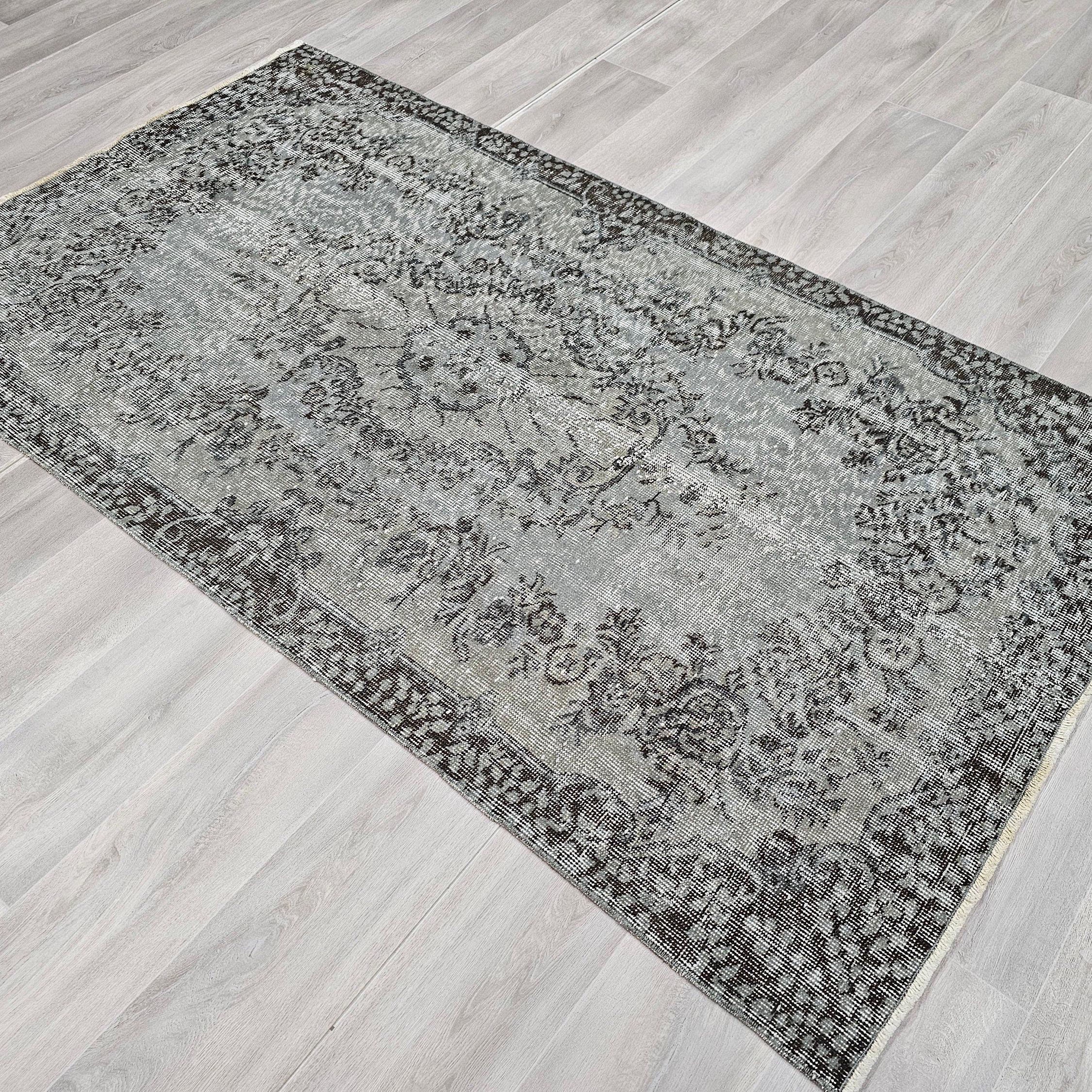 4x7 Overdyed Turkish Wool Rug: Floral Oushak Rug
