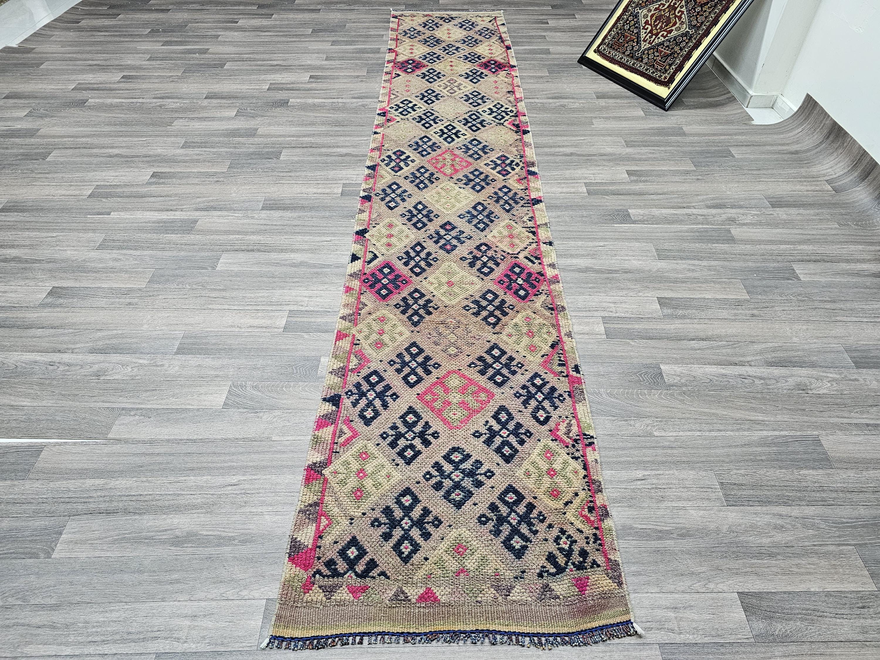 Hand Knotted Wool Runner Rug: Vintage Turkish Herki, 2.40x13 ft