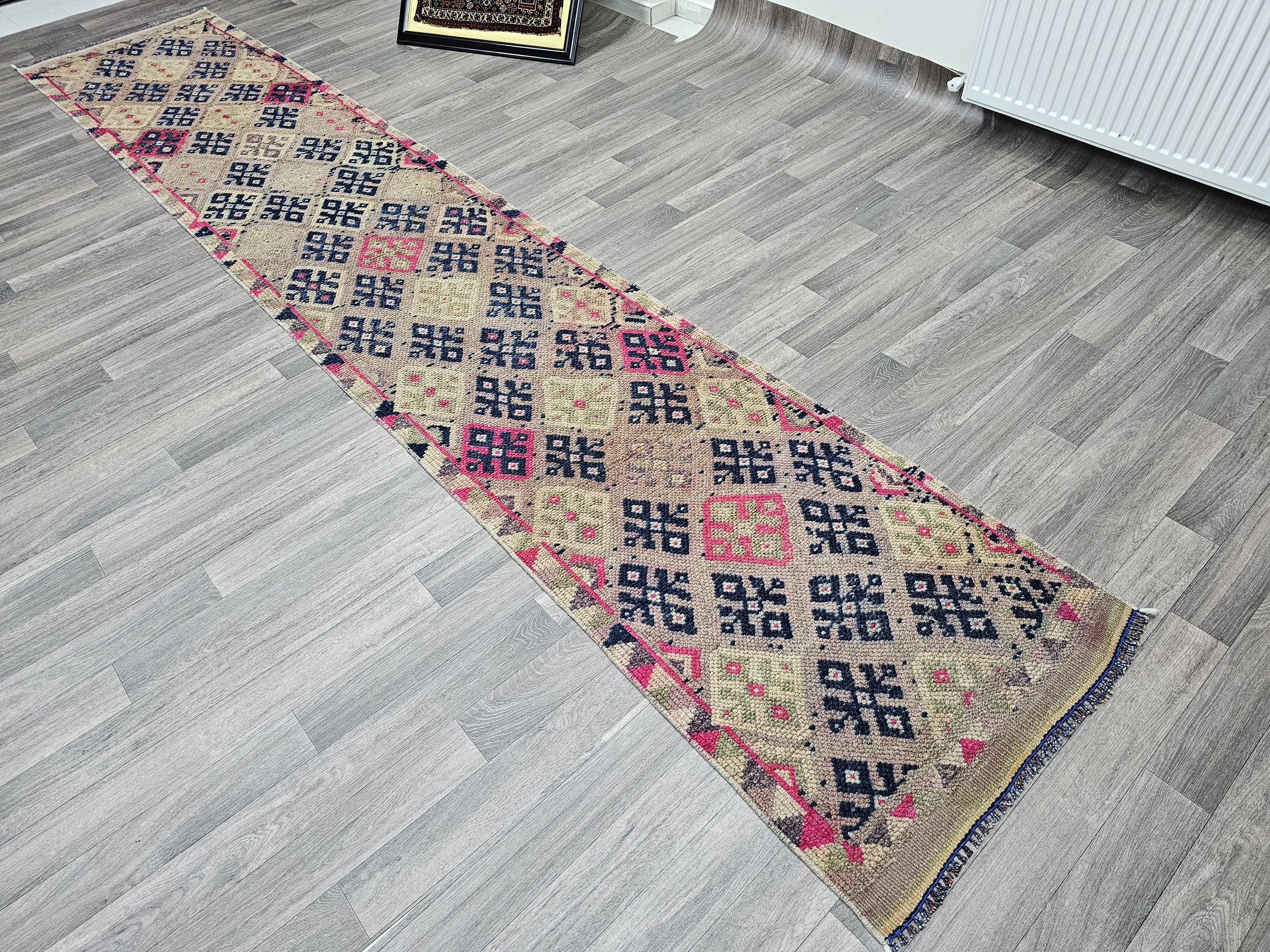 Hand Knotted Wool Runner Rug: Vintage Turkish Herki, 2.40x13 ft
