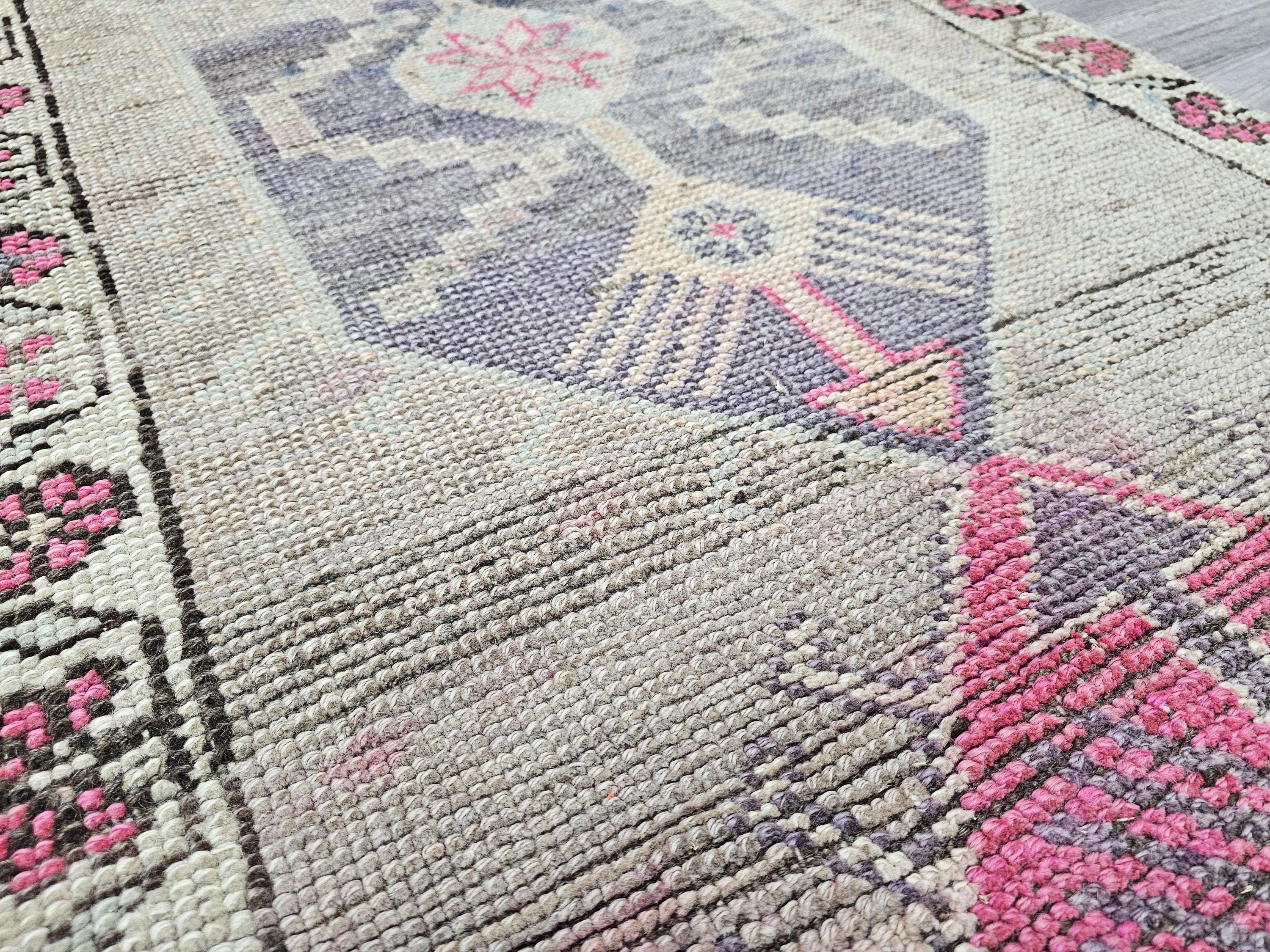 Vintage Herki Wool Runner Rug: 2.7x12.35 ft, Muted Pastel Colors