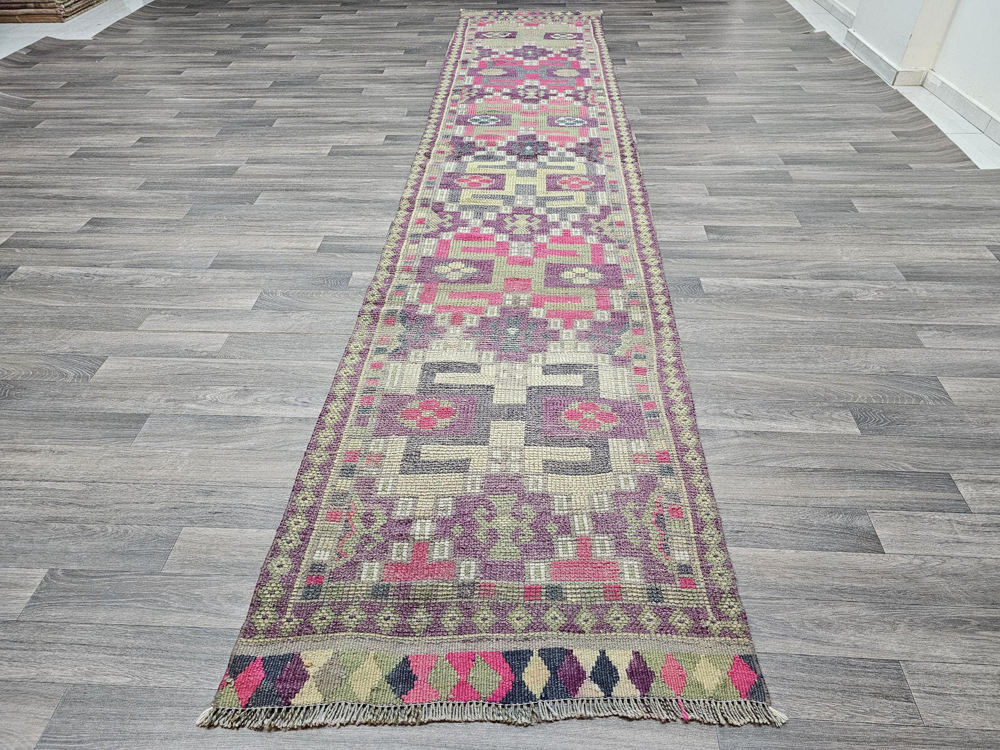 Vintage Herki Runner Rug: Hand-Knotted Turkish Wool Hallway Rug (2.7 X 13.45 ft)