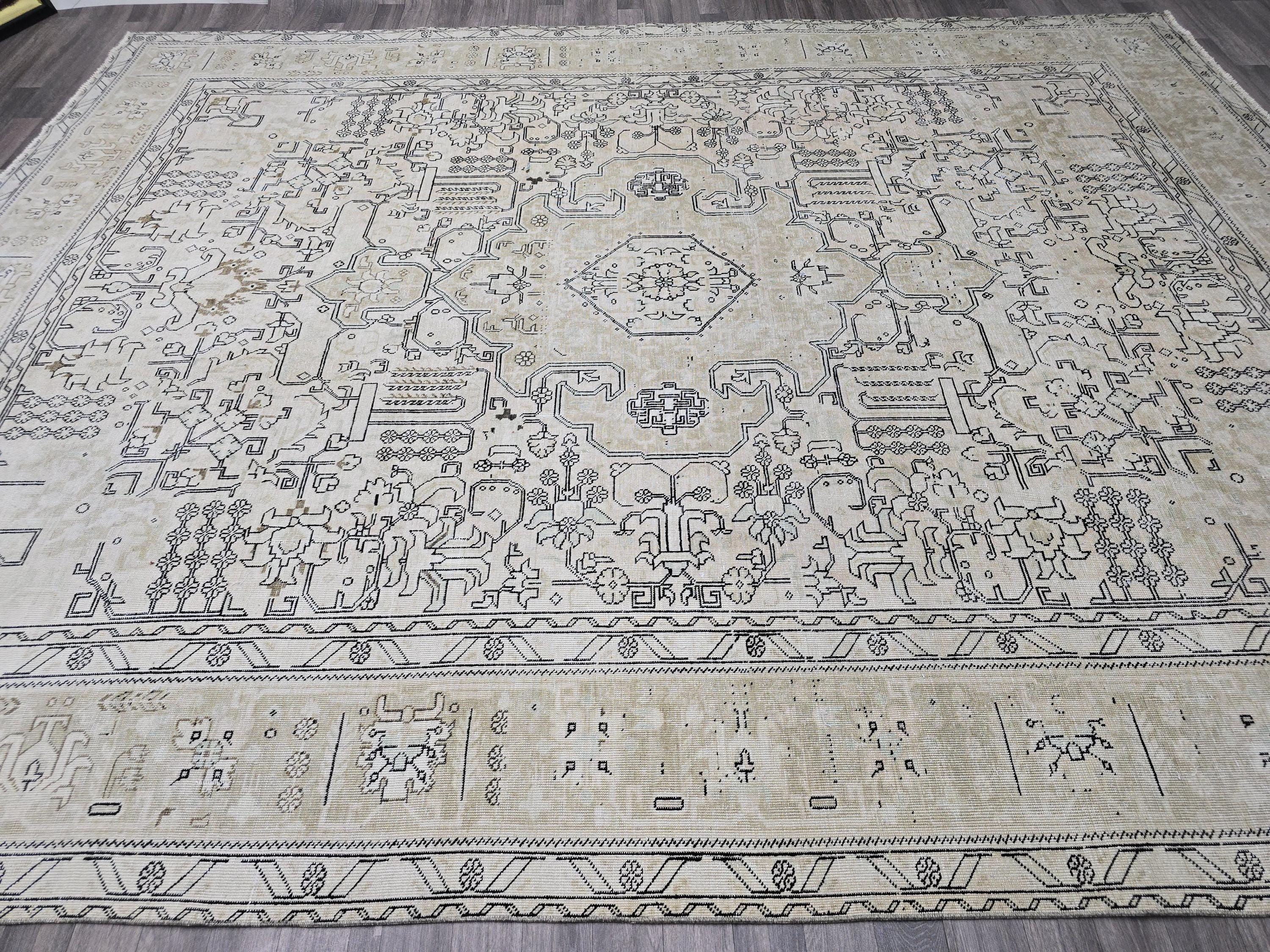 Hand Knotted Turkish Oushak Rug: 9.60x12.25 ft. Vintage Geometric Area Rug