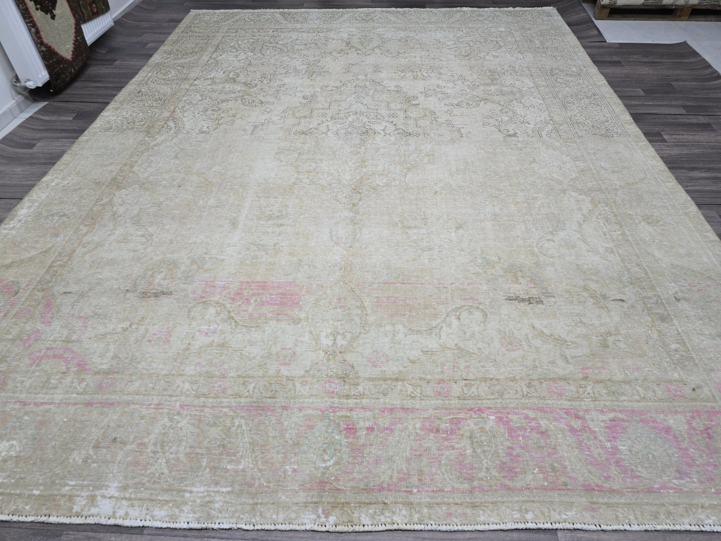 Oushak Rug 9x12 Vintage /9.5x12.5 feet / Hand Knotted Wool Area Rug/ Muted Beige Brown Pink