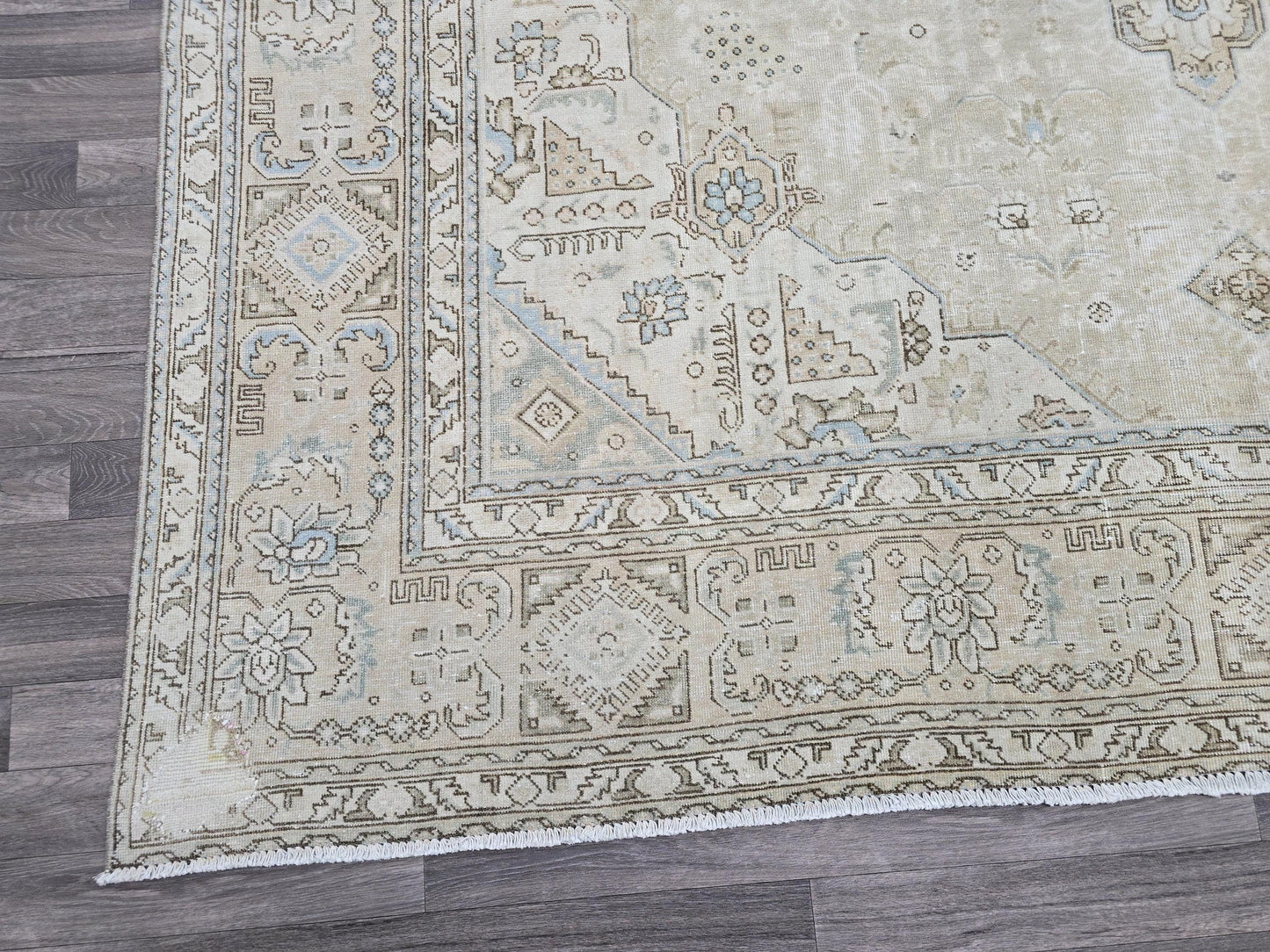 Vintage 9x12 Neutral Area Rug / Distressed Turkish Rug/ Hand Knotted Wool Rug, Large Oushak rug, oversize Bedroom rug, saloon rug