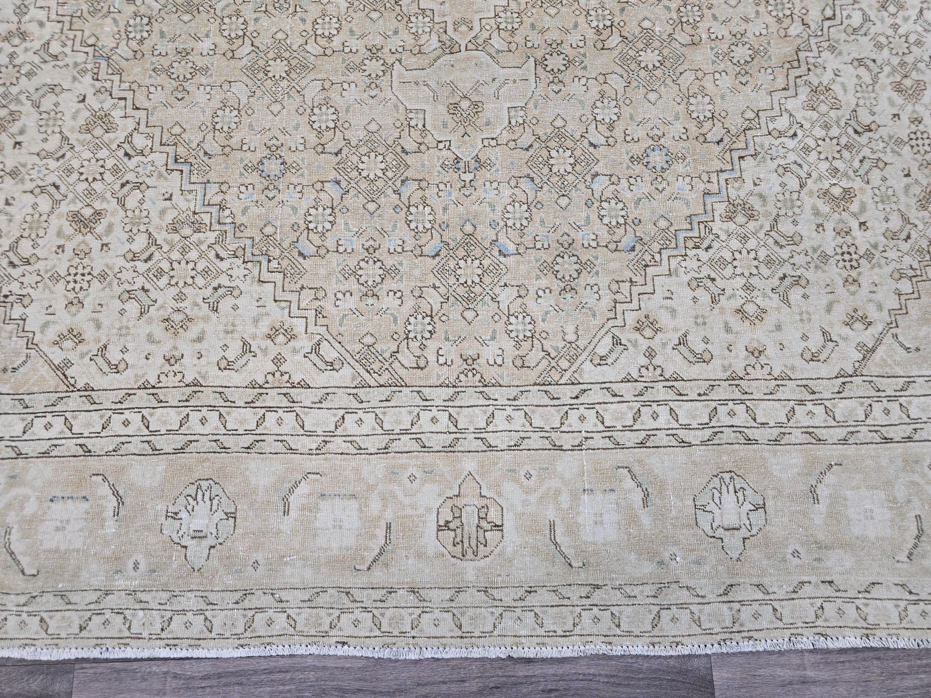 9x12 Vintage Turkish Oushak Rug: Neutral Wool Area Carpet