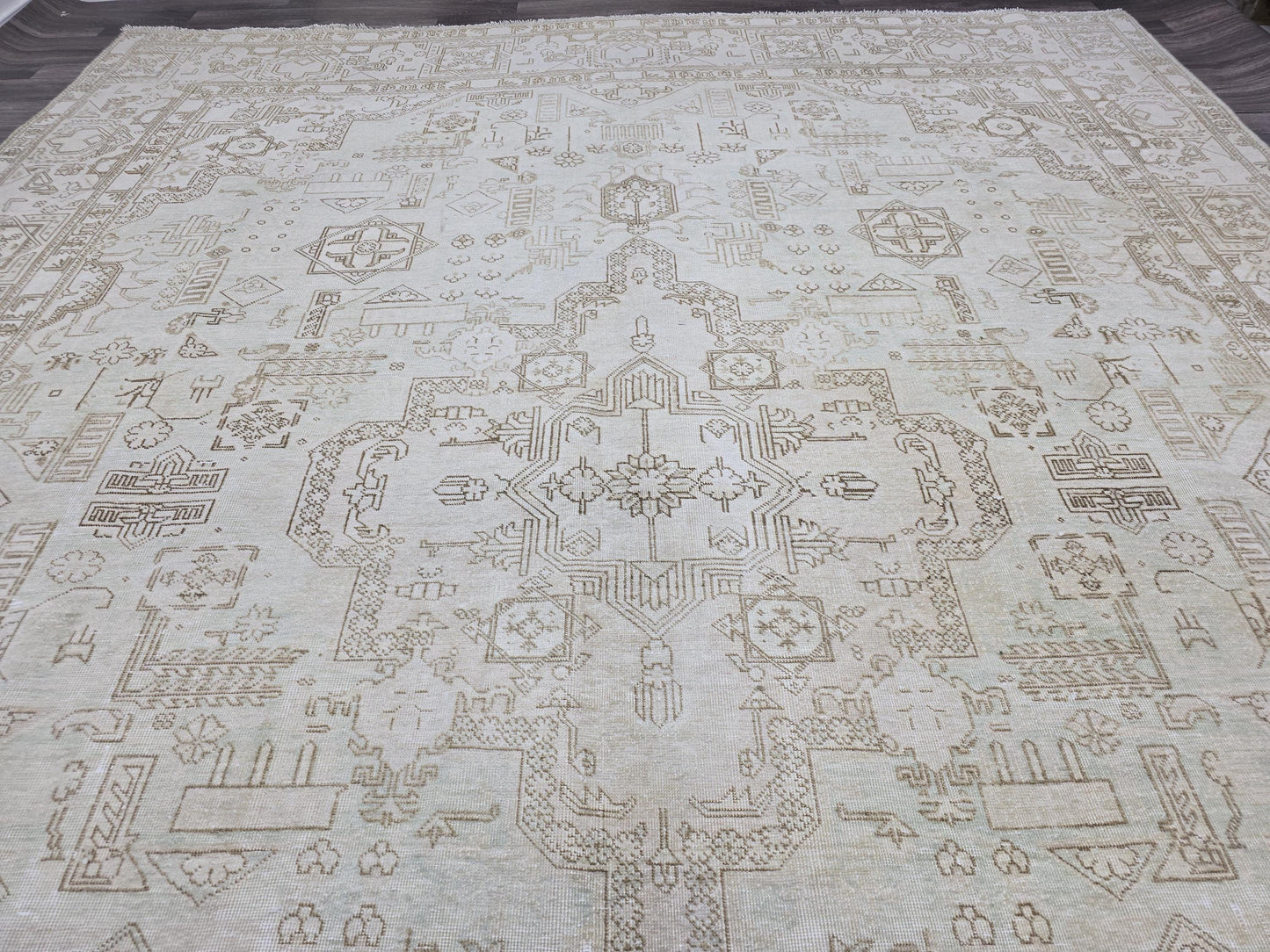 10x12 Hand Knotted Wool Turkish Oushak Rug: Neutral Distressed Area Rug