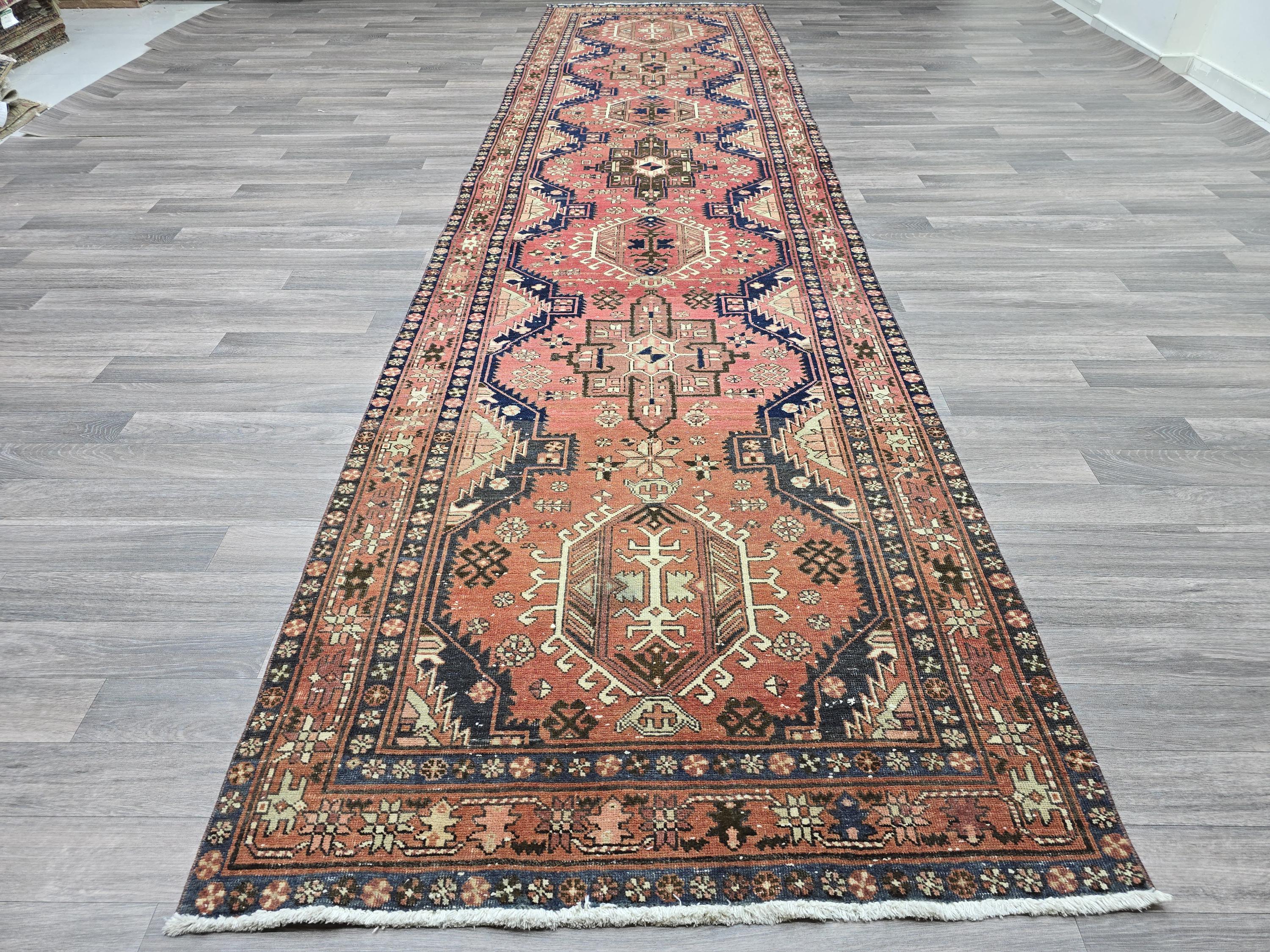Vintage Coral Persian Runner Rug: Extra Long Tribal Hallway Carpet