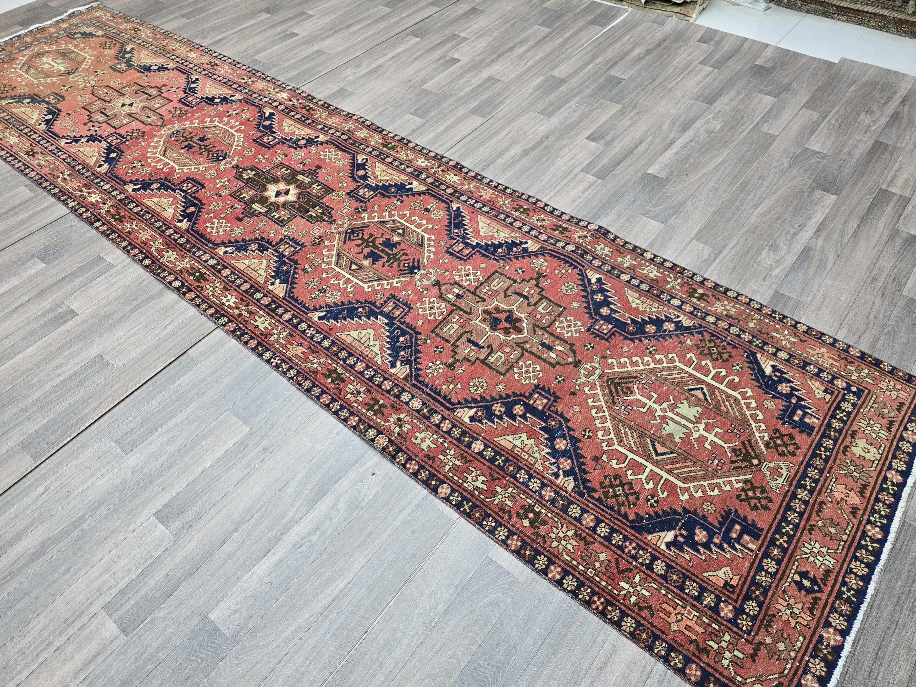 Vintage Coral Persian Runner Rug: Extra Long Tribal Hallway Carpet