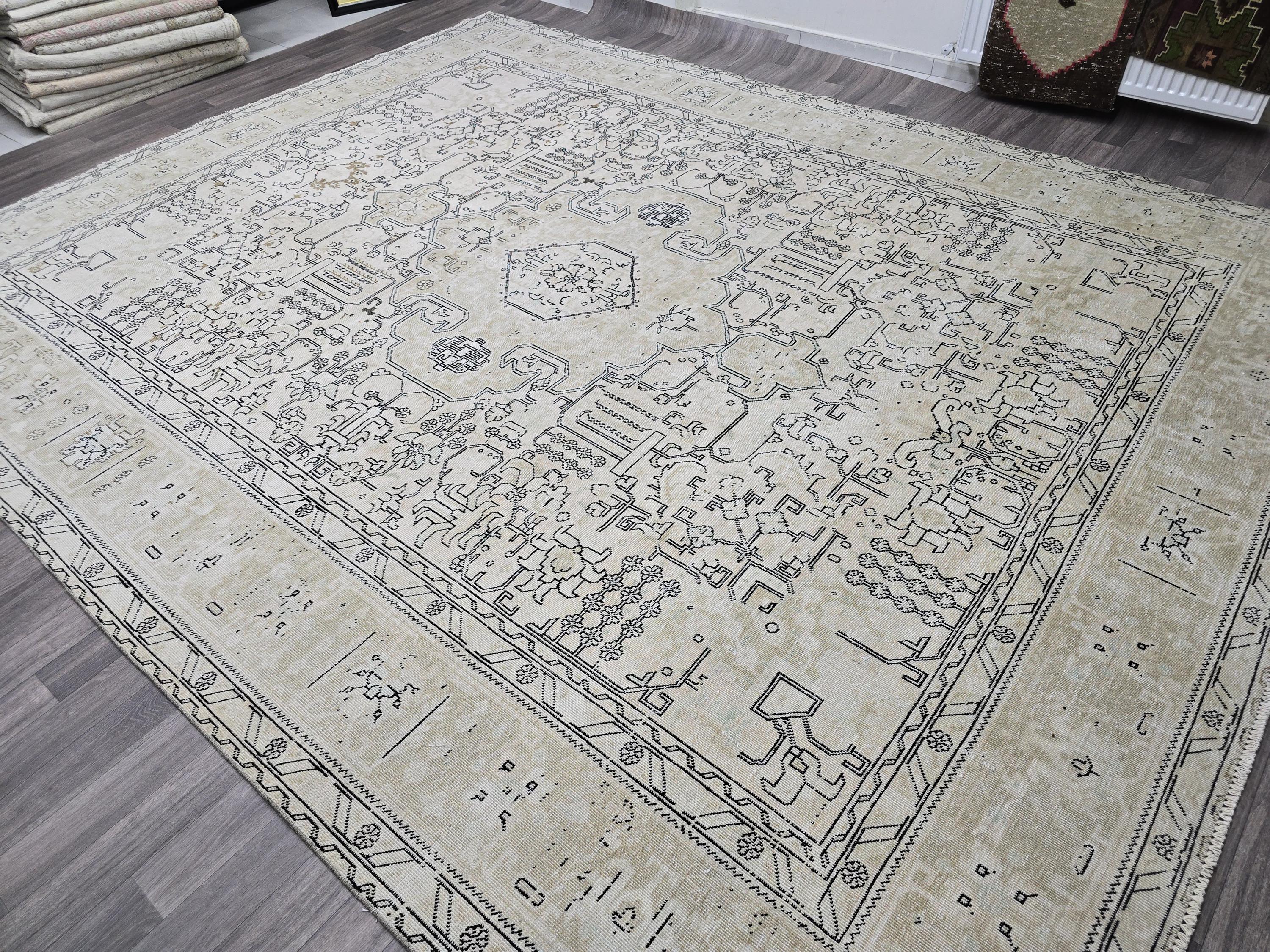 Hand Knotted Turkish Oushak Rug: 9.60x12.25 ft. Vintage Geometric Area Rug