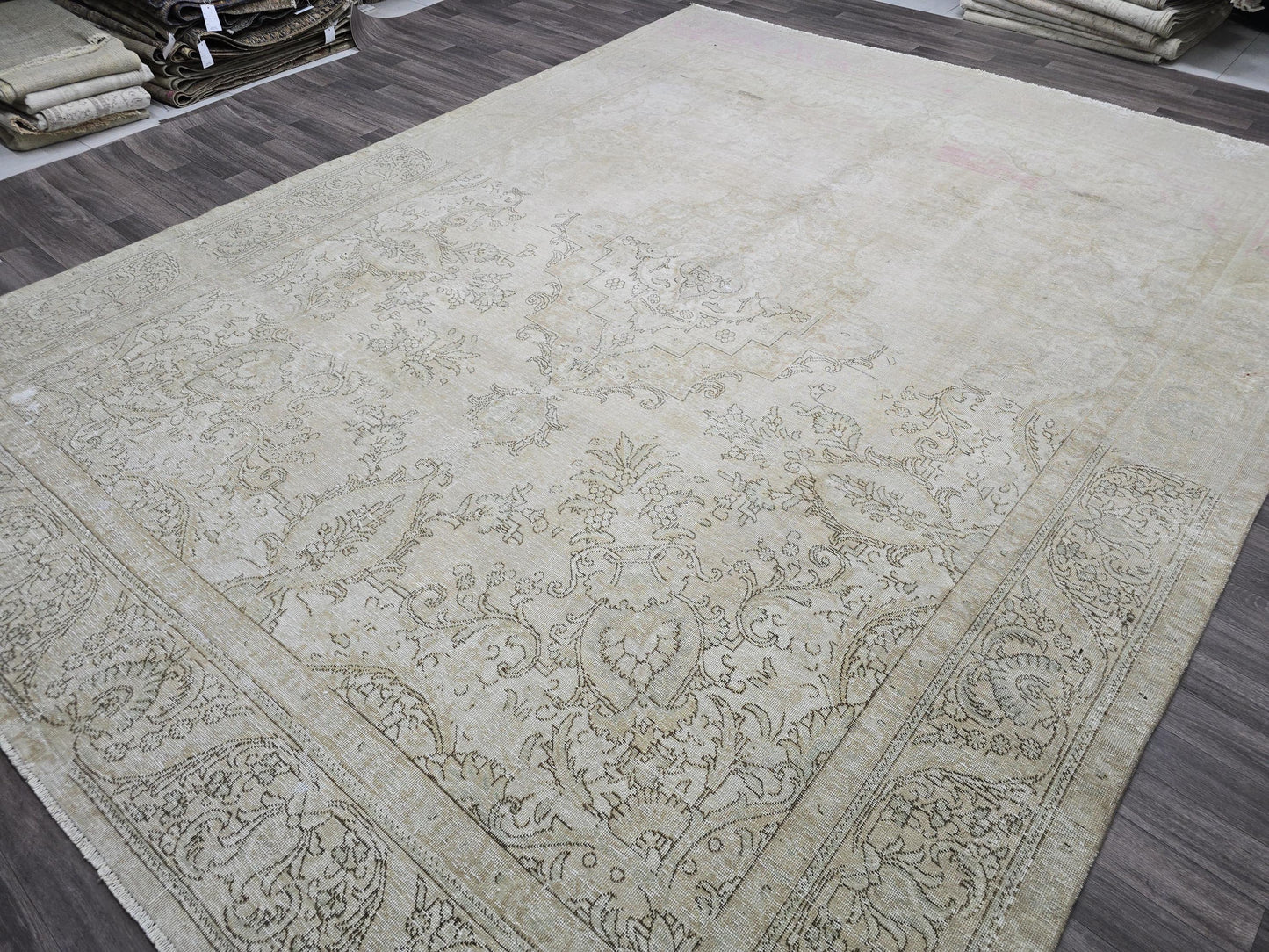 Oushak Rug 9x12 Vintage /9.5x12.5 feet / Hand Knotted Wool Area Rug/ Muted Beige Brown Pink