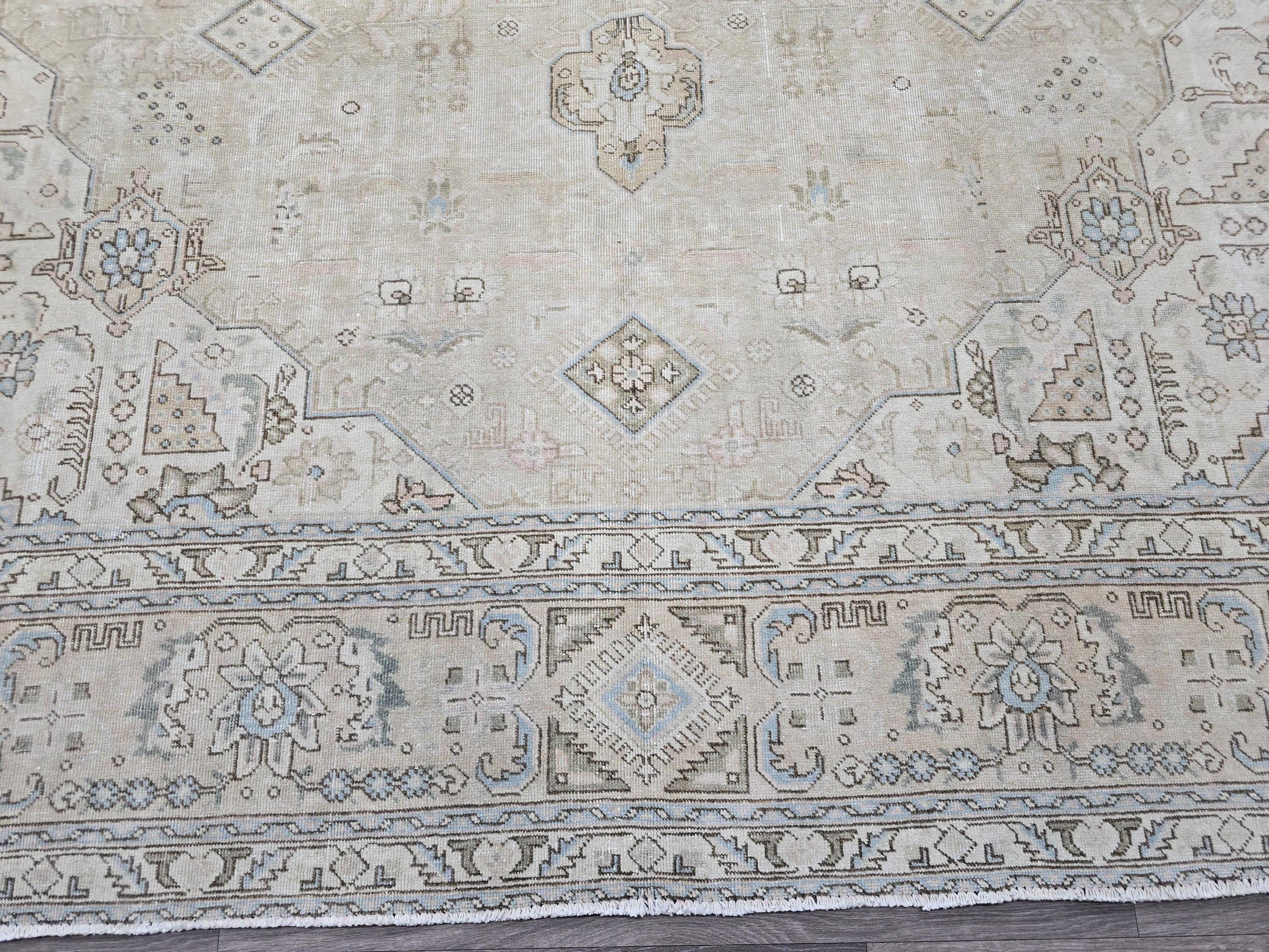 Vintage 9x12 Hand-Knotted Wool Rug: Distressed Neutral Turkish Oushak