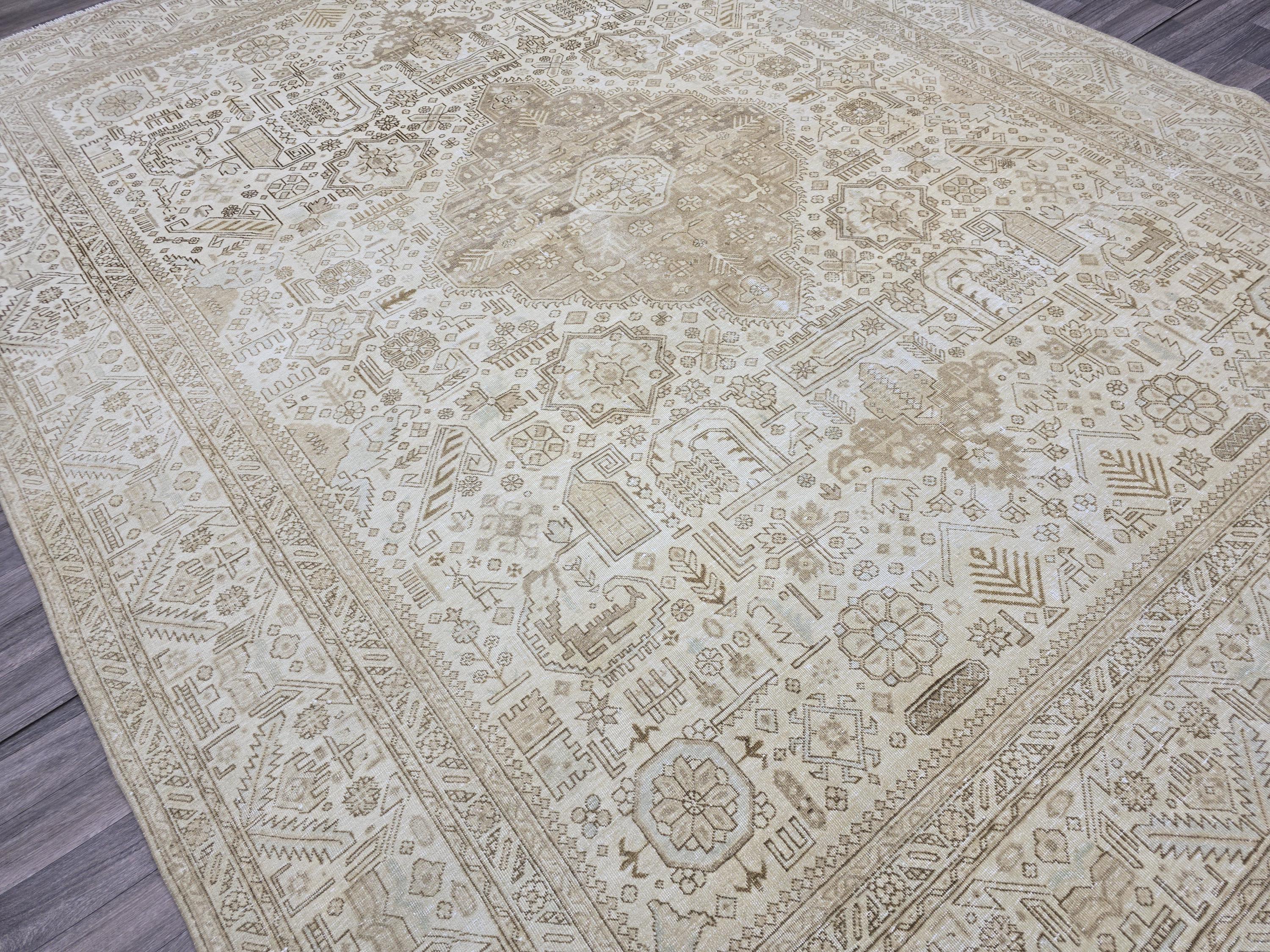 10x12 Vintage Handwoven Wool Rug: Neutral Beige Persian Heriz Style, 9'6" x 12'1"