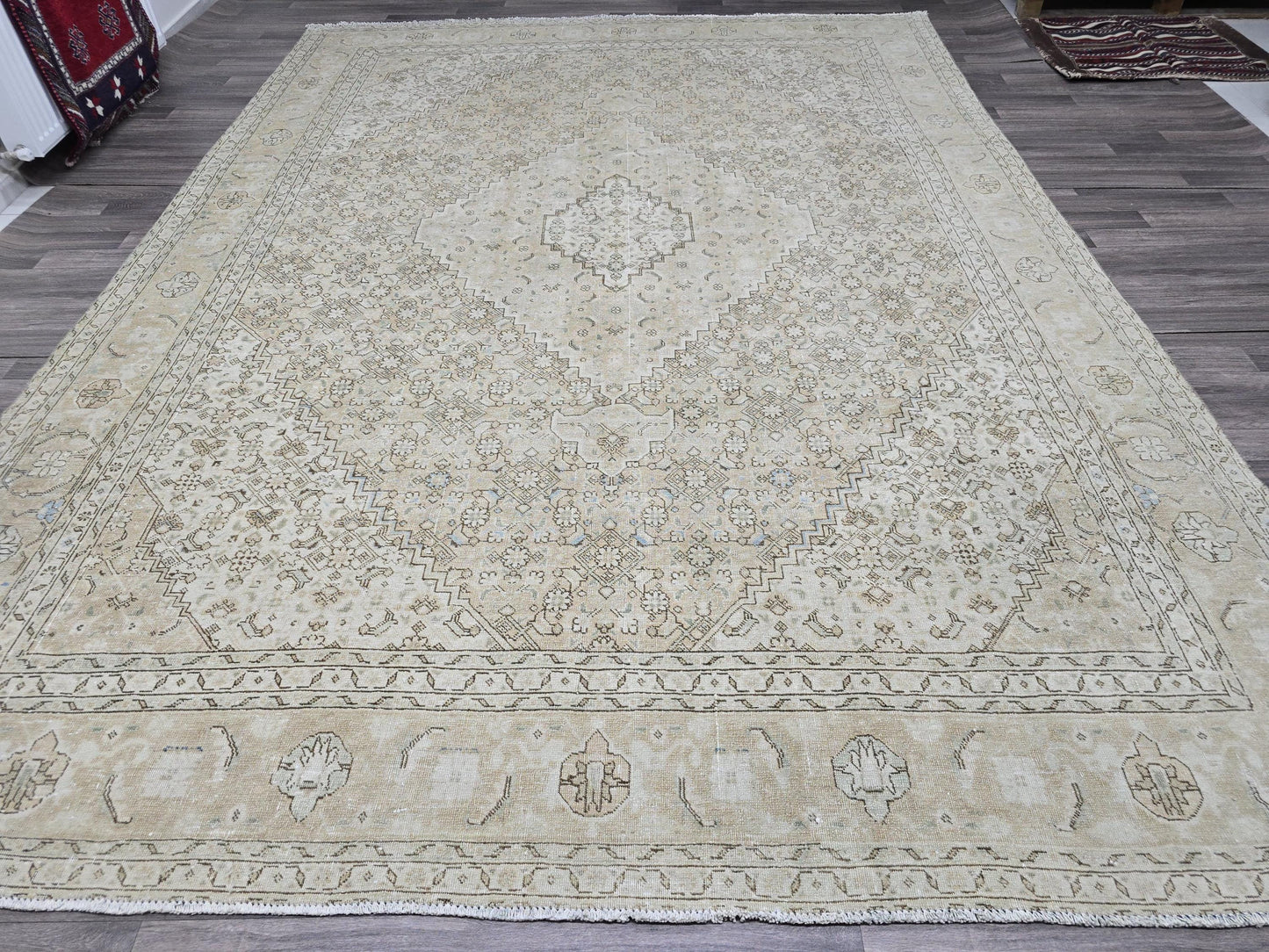 9x12 Vintage Turkish Oushak Rug: Neutral Wool Area Carpet