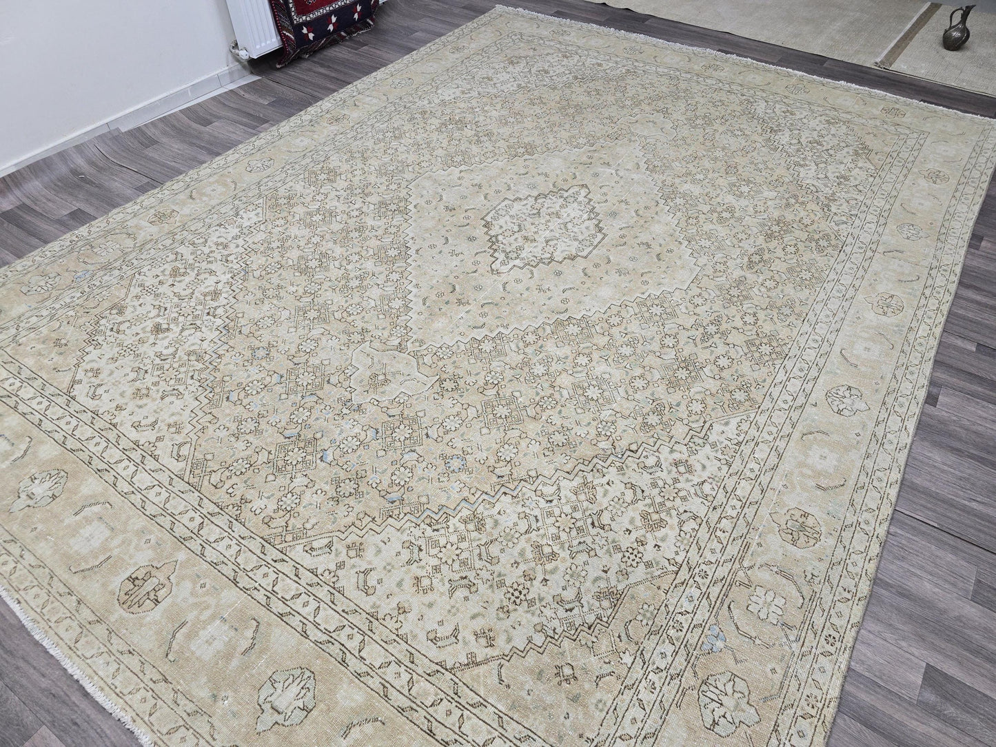 9x12 Vintage Turkish Oushak Rug: Neutral Wool Area Carpet