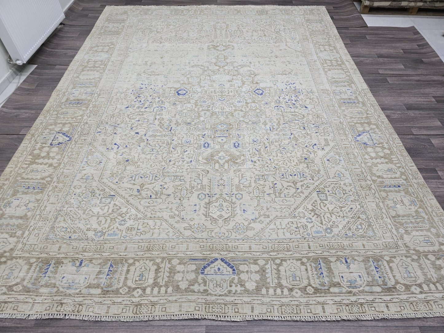 Vintage Turkish Oushak Rug | 9x12 Large Neutral Area Rug | Beige Blue Distressed Oriental Carpet |Anatolian Hand Knotted Wool LivingRoom Rug