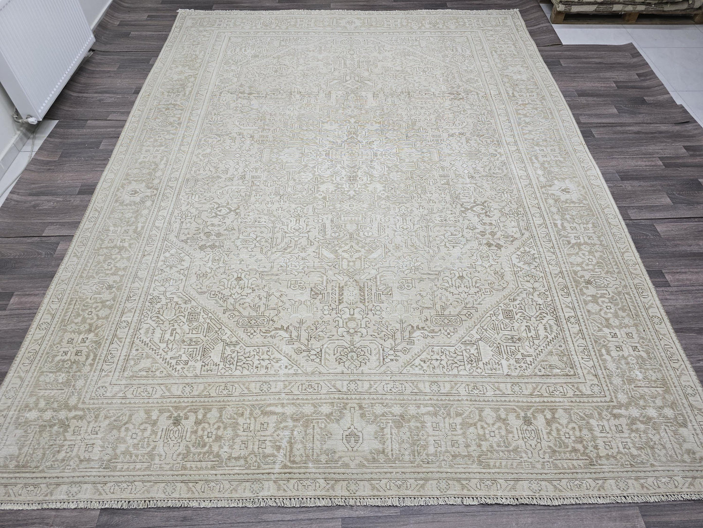 Vintage Neutral Wool Rug: 9.30x12.25 ft, Hand-Woven Distressed Turkish Carpet