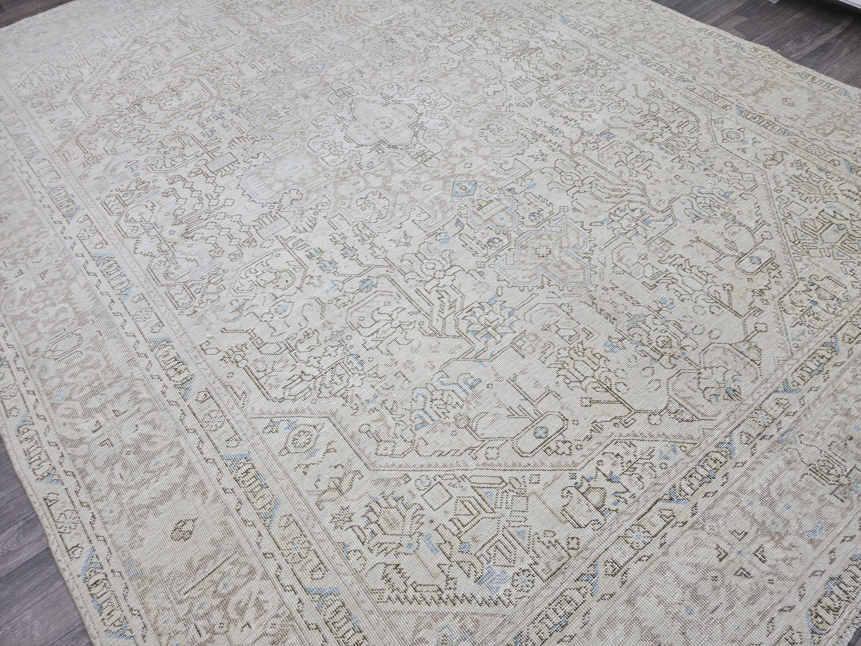 Handmade Distressed Turkish Area Rug: 9.3x12 ft, Faded Neutral Wool
