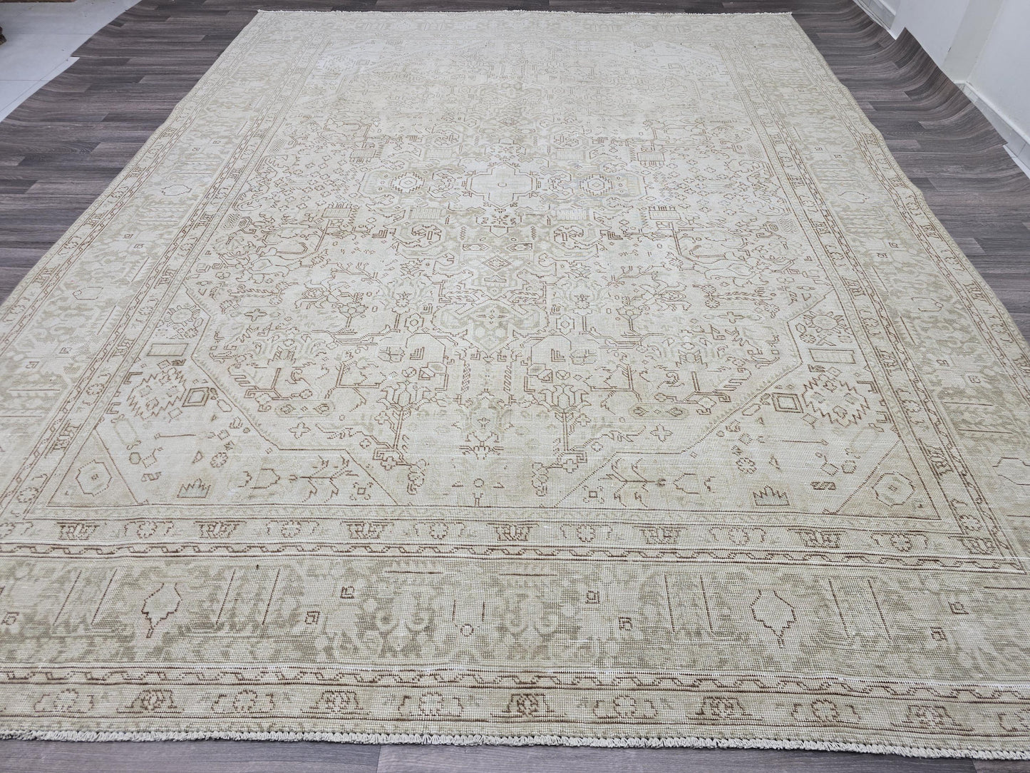 10x12 Neutral Vintage Hand-Knotted Geometric Rug - Beige & Brown | Faded Tan Hue | Large Area Rug 9.6x12.4 ft Heriz Carpet