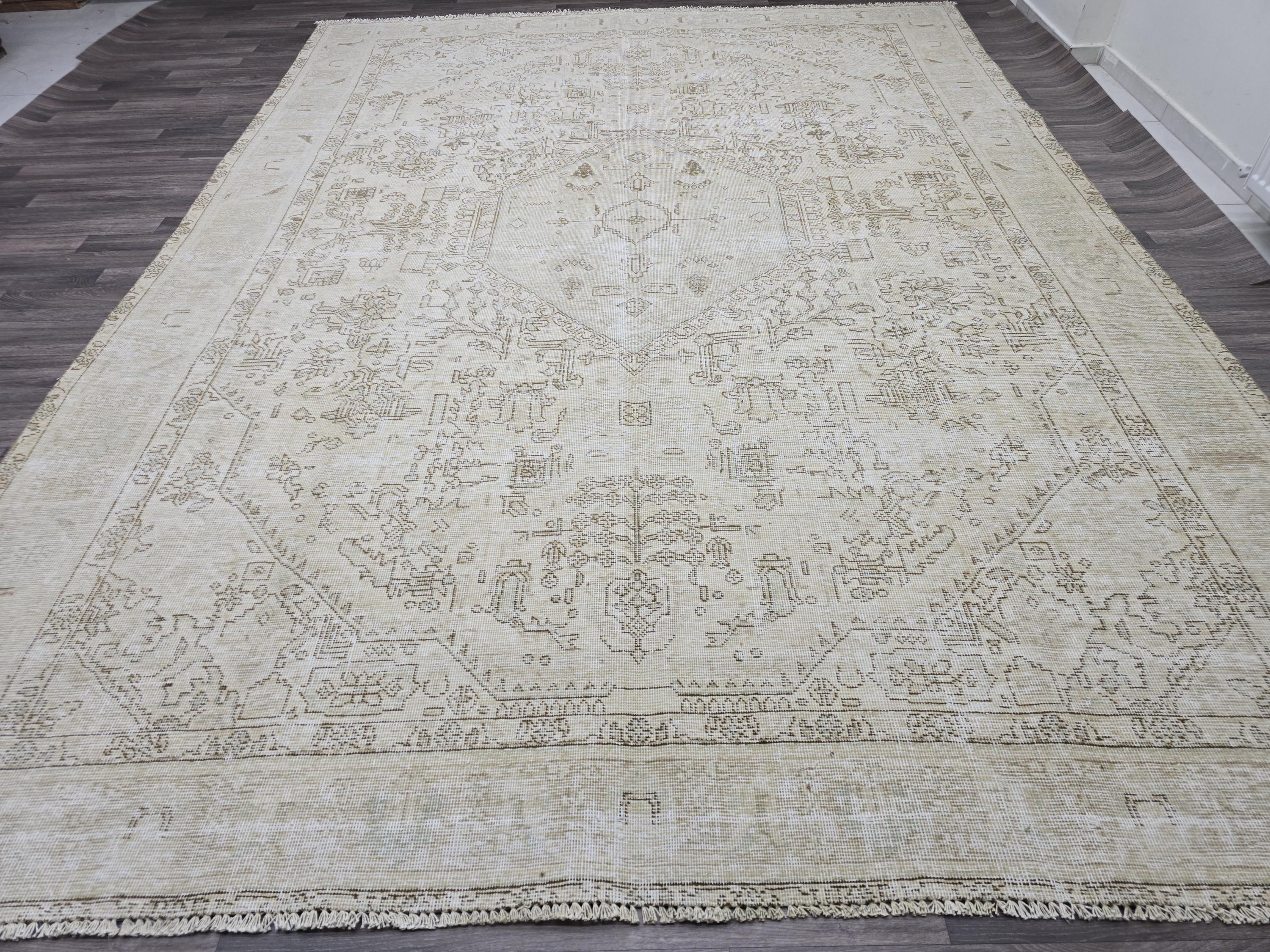 Oversize Neutral Oushak Rug: 9.25x12.8 ft Distressed Turkish Wool Carpet