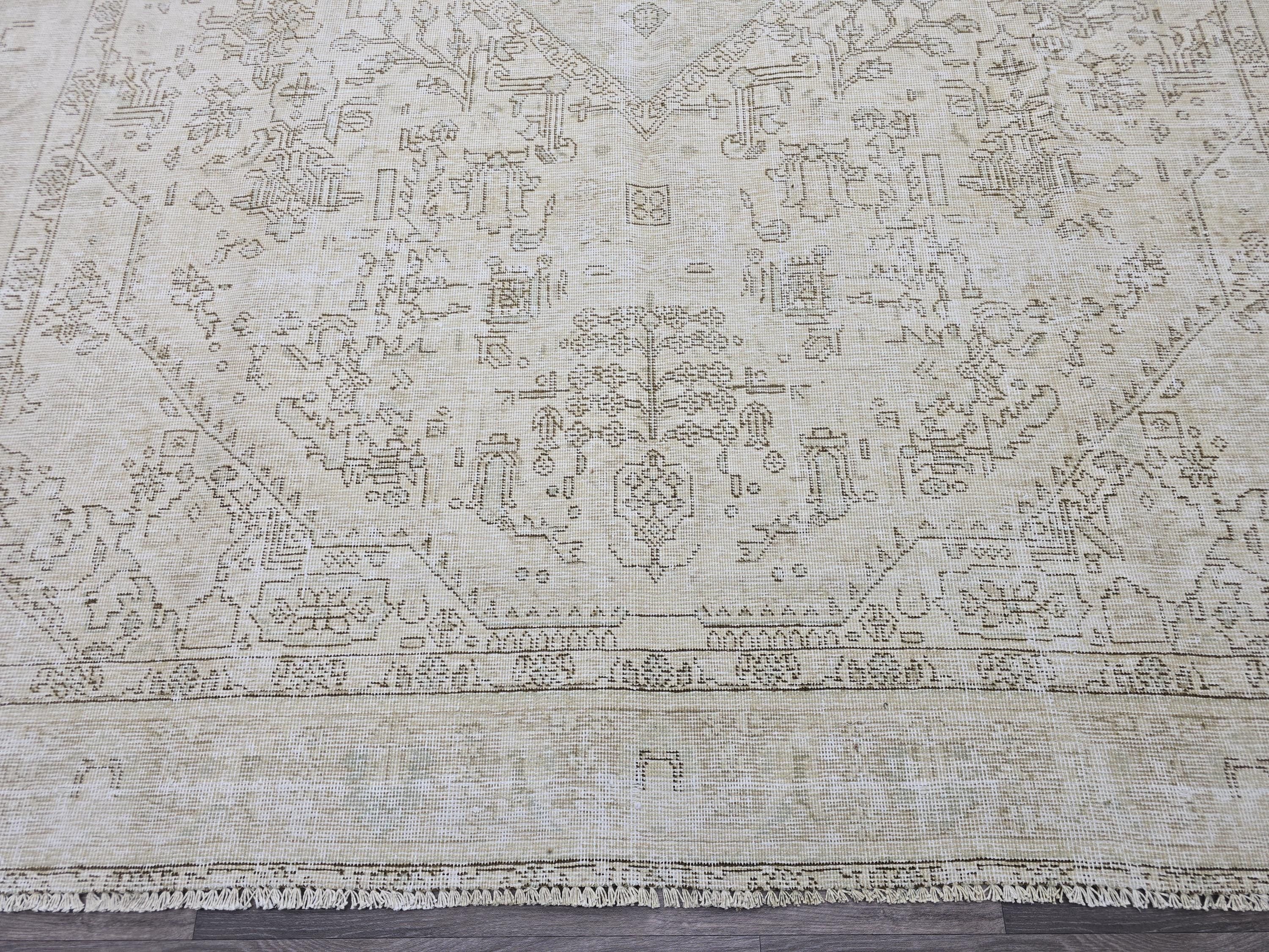 Oversize Neutral Oushak Rug: 9.25x12.8 ft Distressed Turkish Wool Carpet