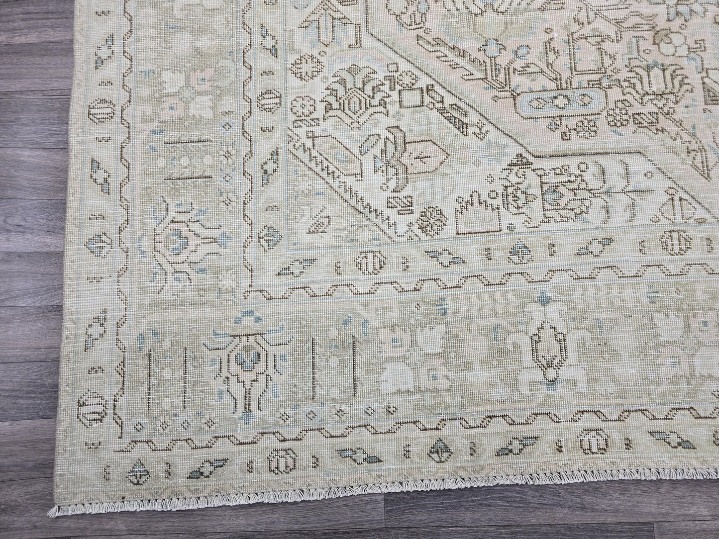 Vintage Turkish Oushak Rug 9.5x12 Large Neutral Area Rug | Beige Gray Geometric Living Room Rug | Distressed Low Pile Oriental Carpet