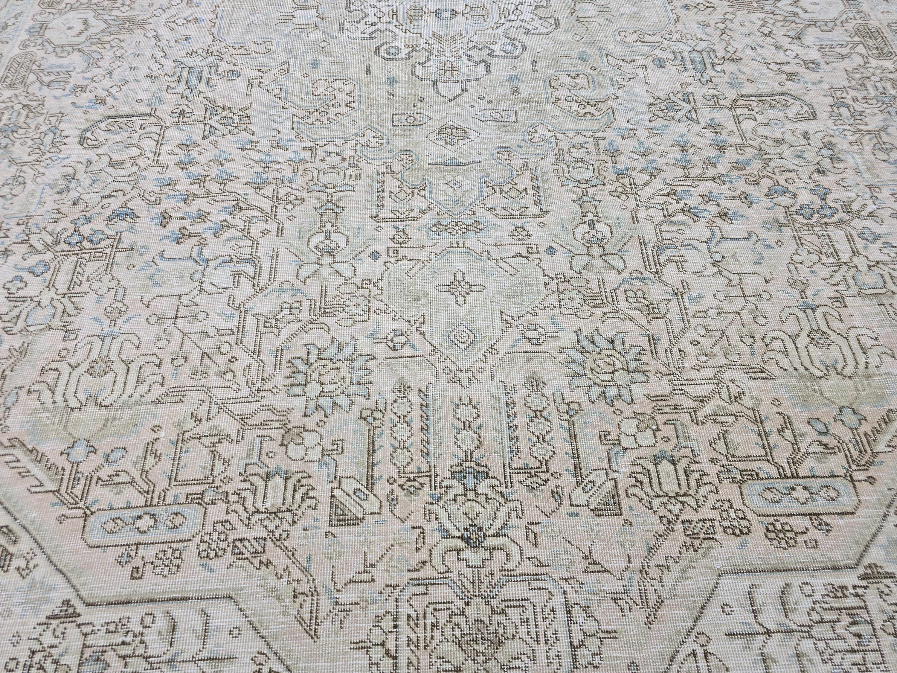 Vintage Turkish Oushak Rug: Large Beige Gray Medallion Carpet (9.5x12)