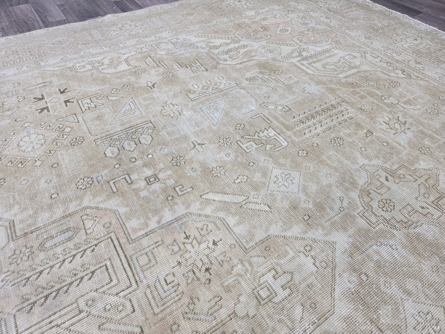 9x12 Neutral Beige Turkish Oushak Rug | Large Vintage Hand Knotted Wool Area Rug | Geometric Living Room Rug | Oversized Anatolian Carpet