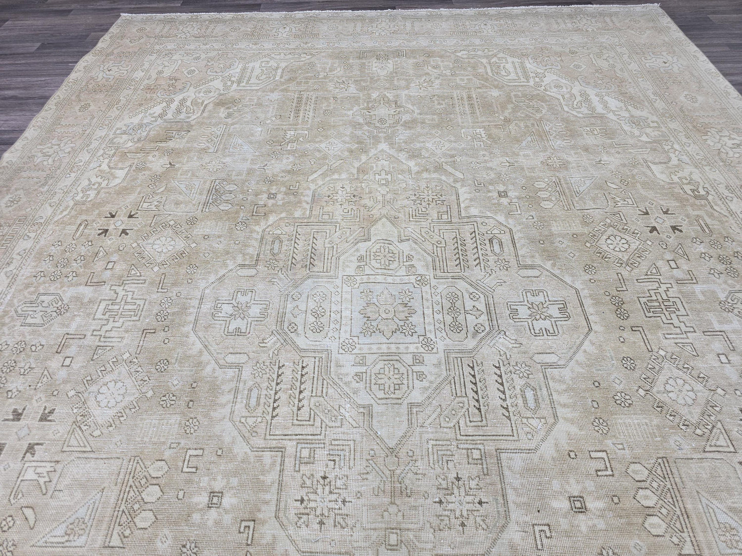 9x12 Neutral Beige Turkish Oushak Rug | Large Vintage Hand Knotted Wool Area Rug | Geometric Living Room Rug | Oversized Anatolian Carpet