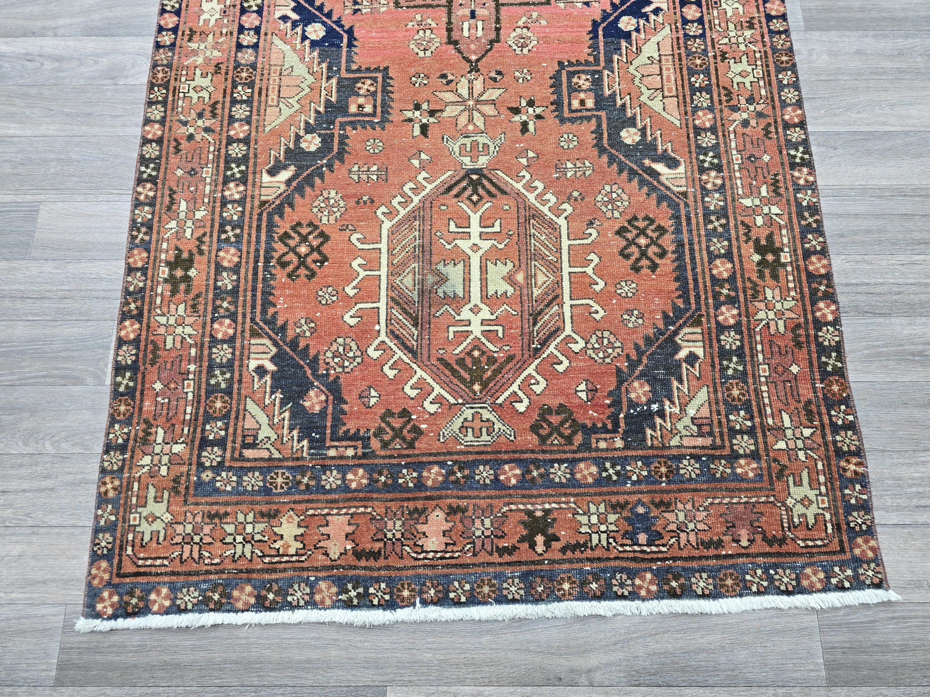 Vintage Coral Persian Runner Rug: Extra Long Tribal Hallway Carpet