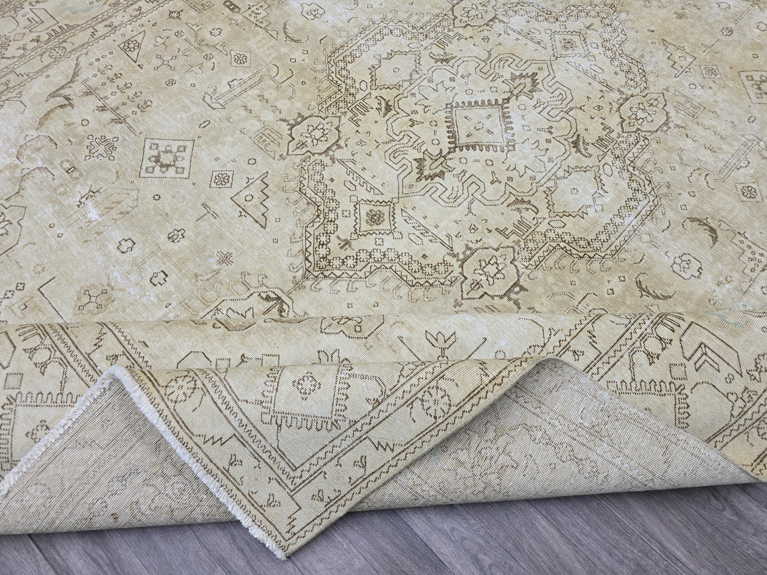 Oversized Turkish Oushak Rug: 9.65 x 12.6 Beige Medallion Wool Carpet