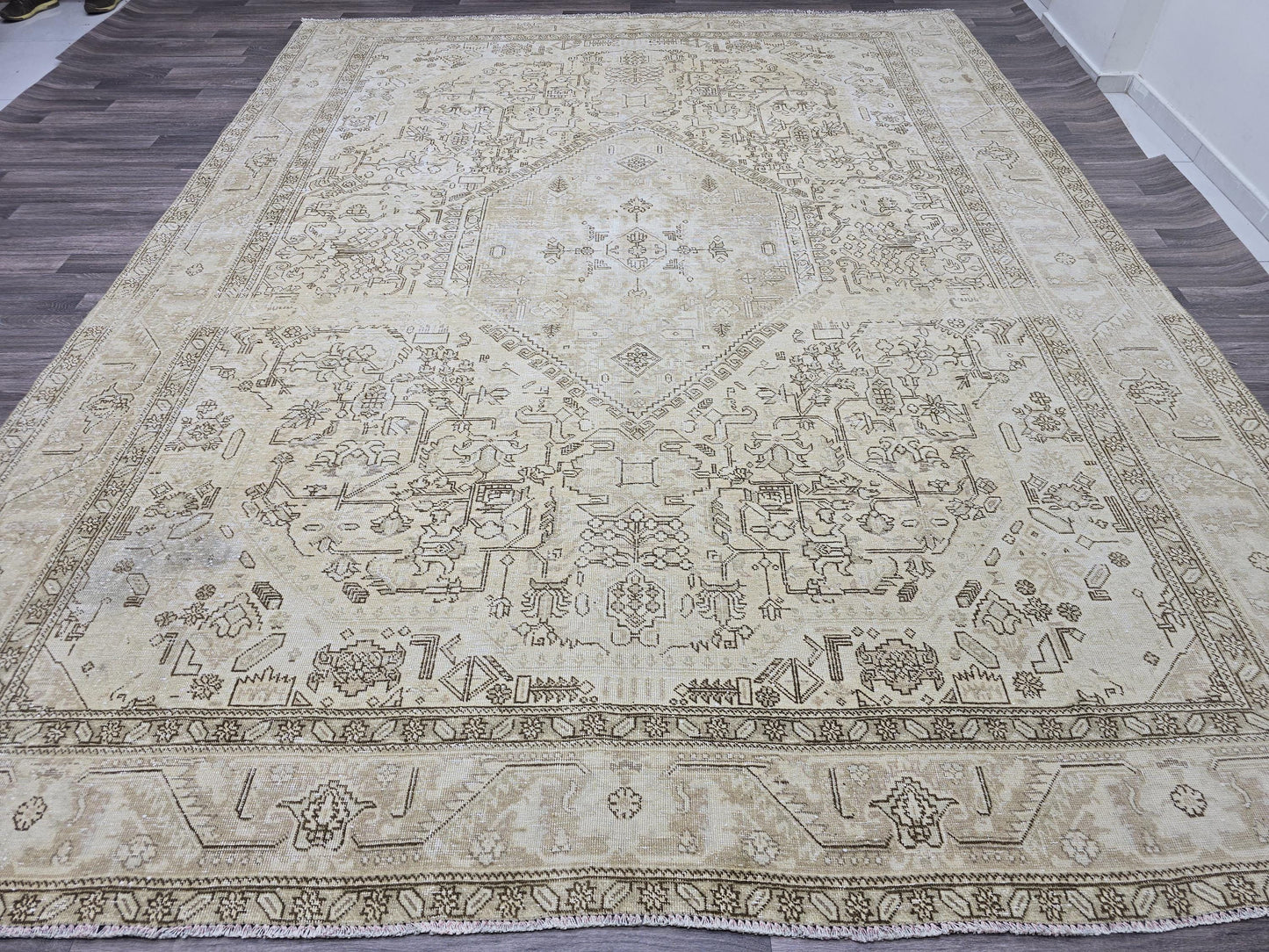 9x12 Neutral Turkish Oushak Rug, 9.5x12.2 Ft Vintage Beige Handwoven Area Rug, Large Antique Oriental Living Room Carpet