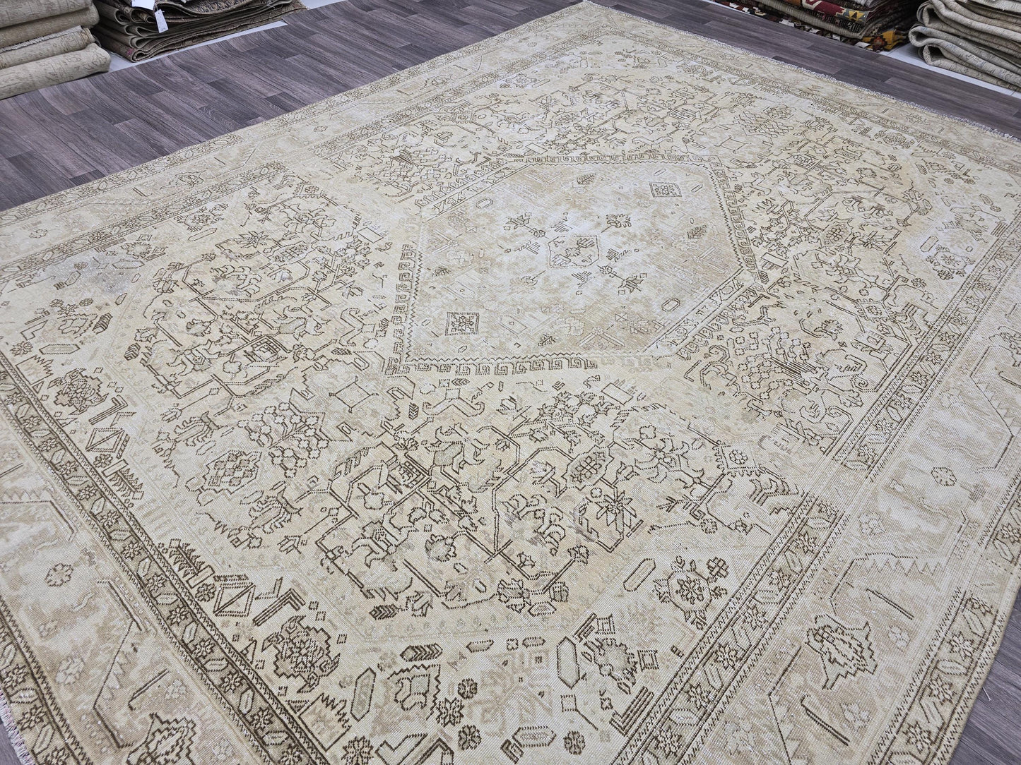 9x12 Neutral Turkish Oushak Rug, 9.5x12.2 Ft Vintage Beige Handwoven Area Rug, Large Antique Oriental Living Room Carpet