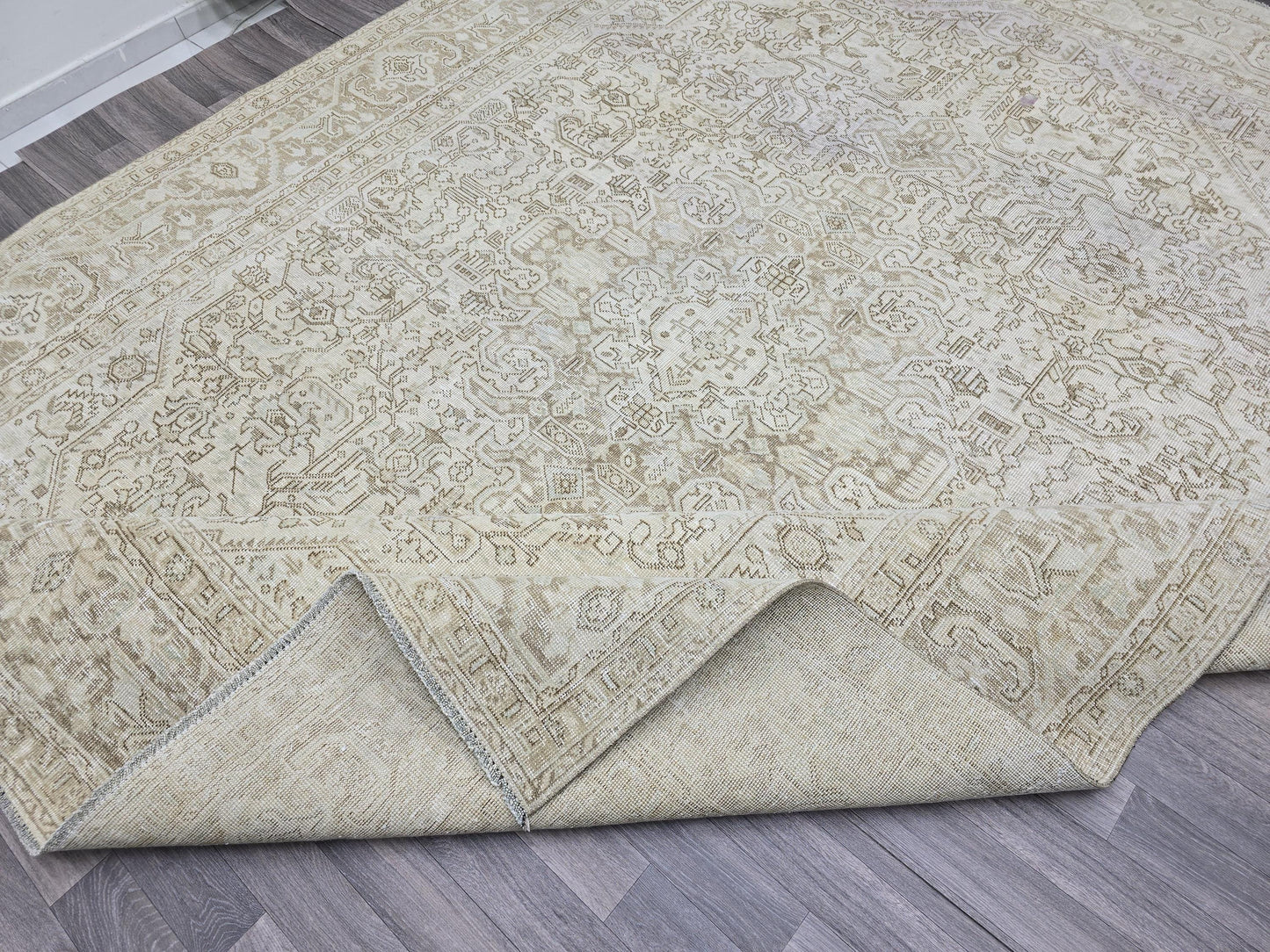 9x12 Vintage Hand Knotted Turkish Oushak Rug: Neutral Geometric Wool Carpet