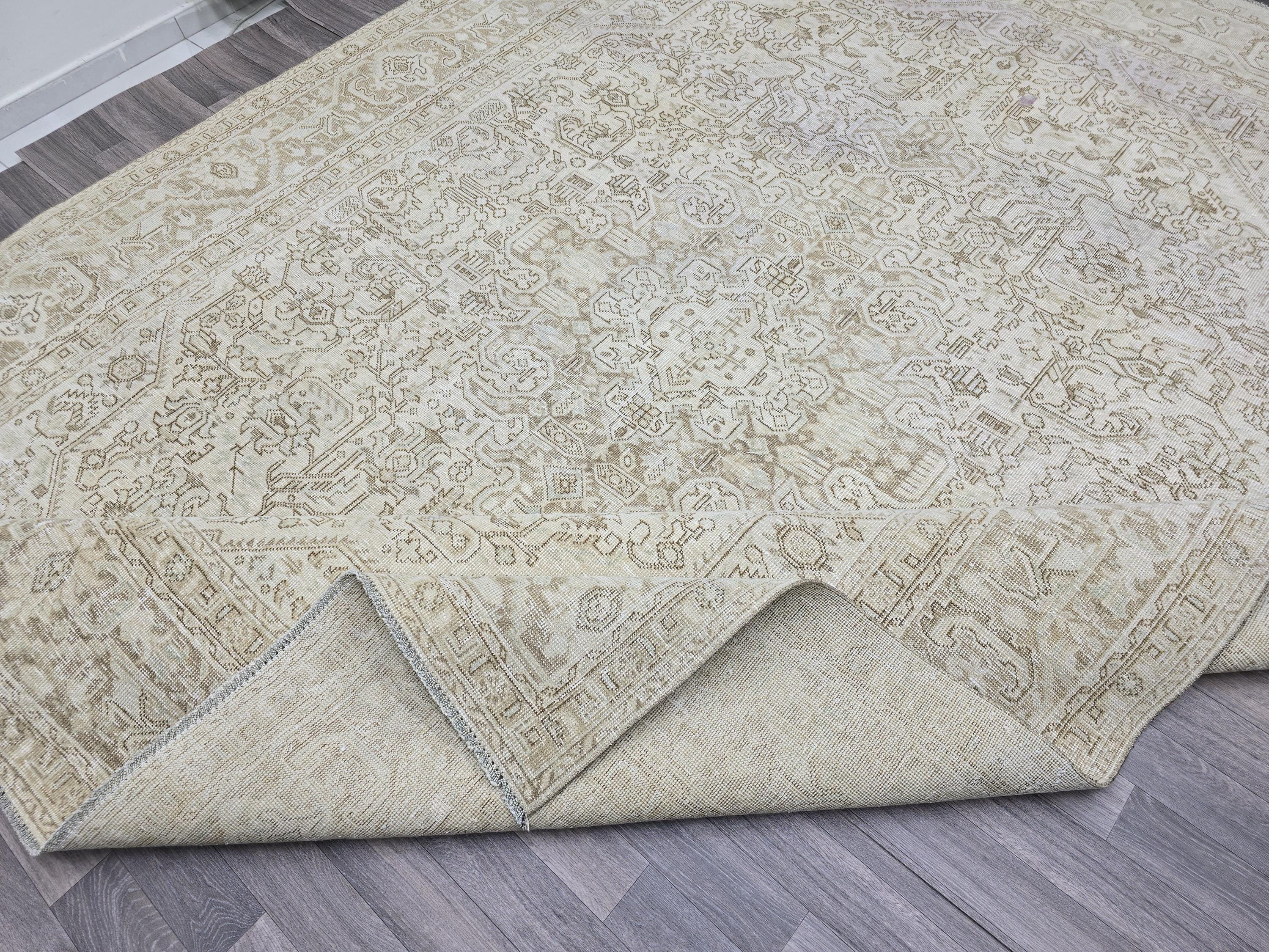 9x12 Vintage Hand Knotted Turkish Oushak Rug: Neutral Geometric Wool Carpet