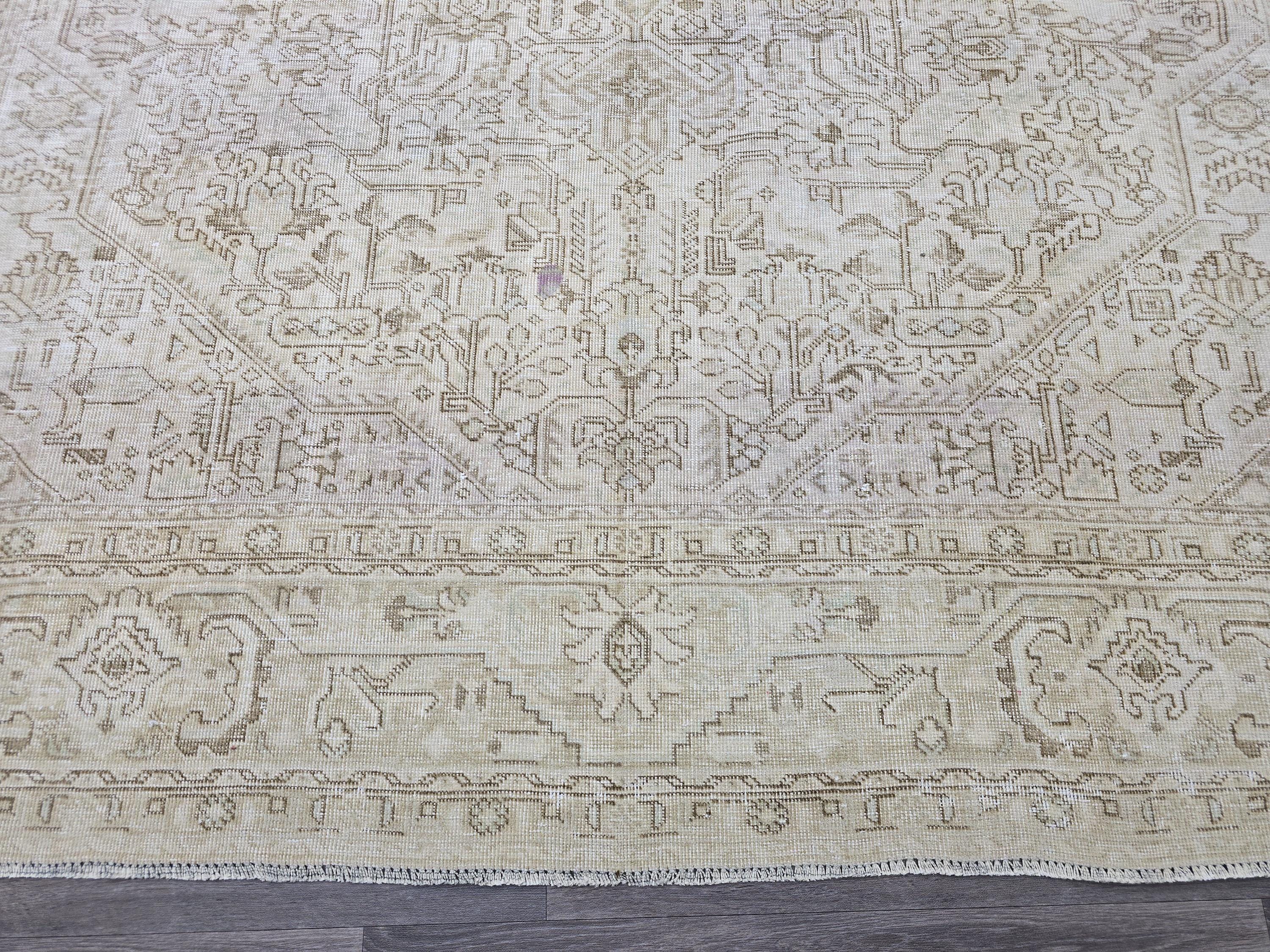 9x12 Vintage Hand Knotted Turkish Oushak Rug: Neutral Geometric Wool Carpet
