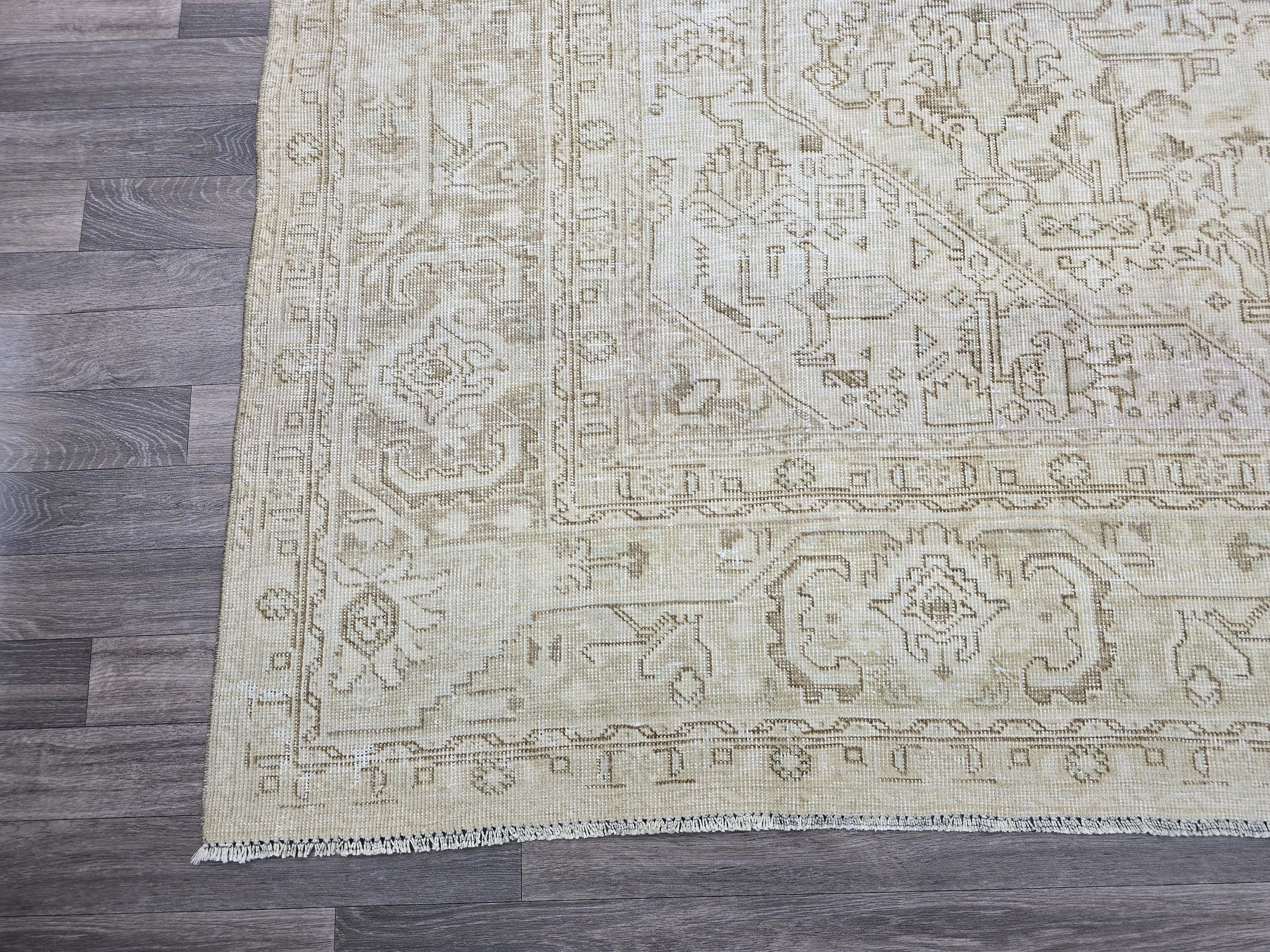 9x12 Vintage Hand Knotted Turkish Oushak Rug: Neutral Geometric Wool Carpet