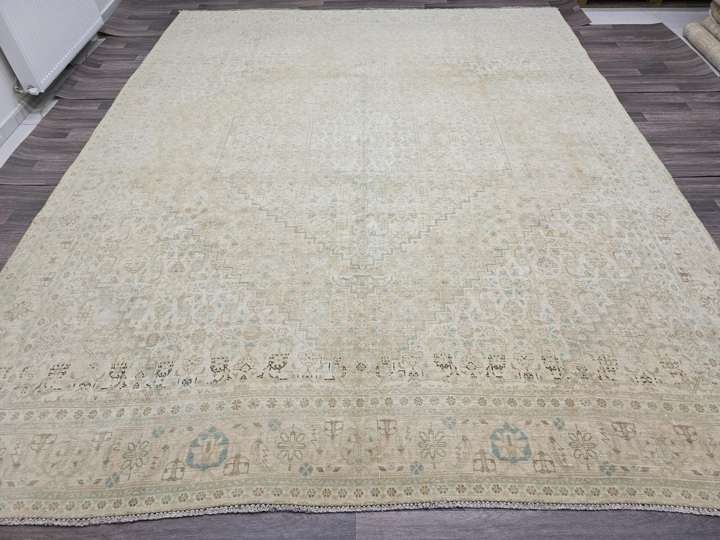 10x12 Muted Vintage Oushak Area Rug Geometric Cream Beige Sage Green Brown