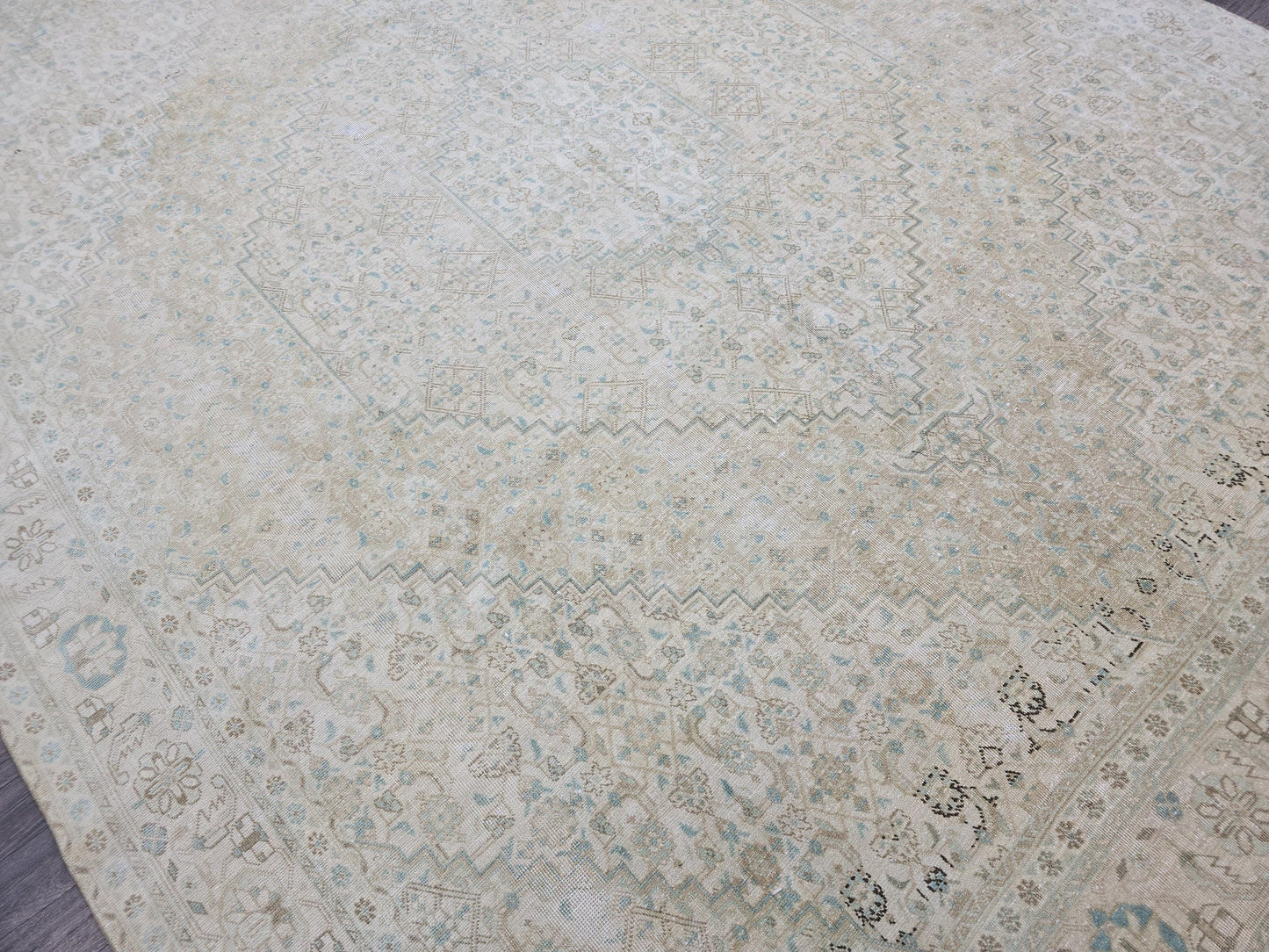 10x12 Muted Vintage Oushak Area Rug Geometric Cream Beige Sage Green Brown