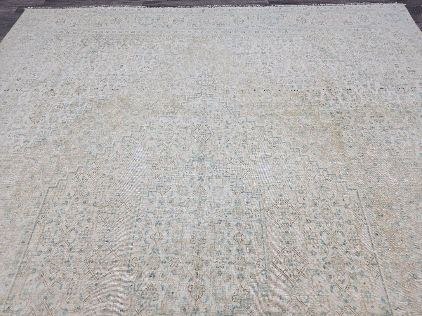 10x12 Muted Vintage Oushak Area Rug Geometric Cream Beige Sage Green Brown